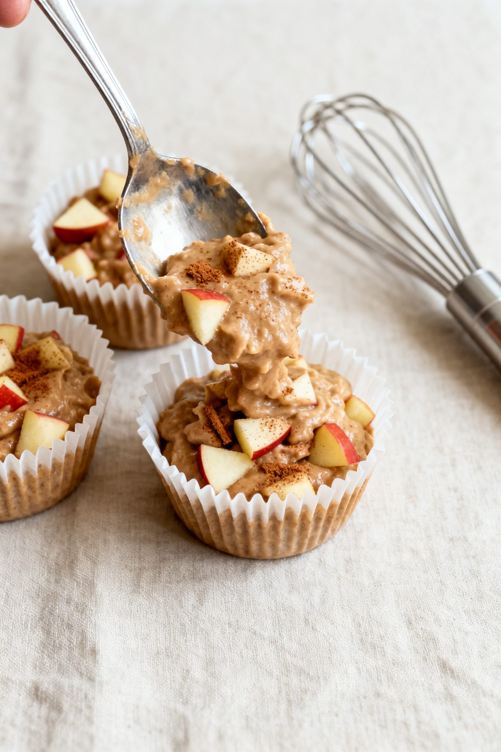 Cooking process: Thick, chunky muffin batter being spooned into lined muffin cups, diced apple piece