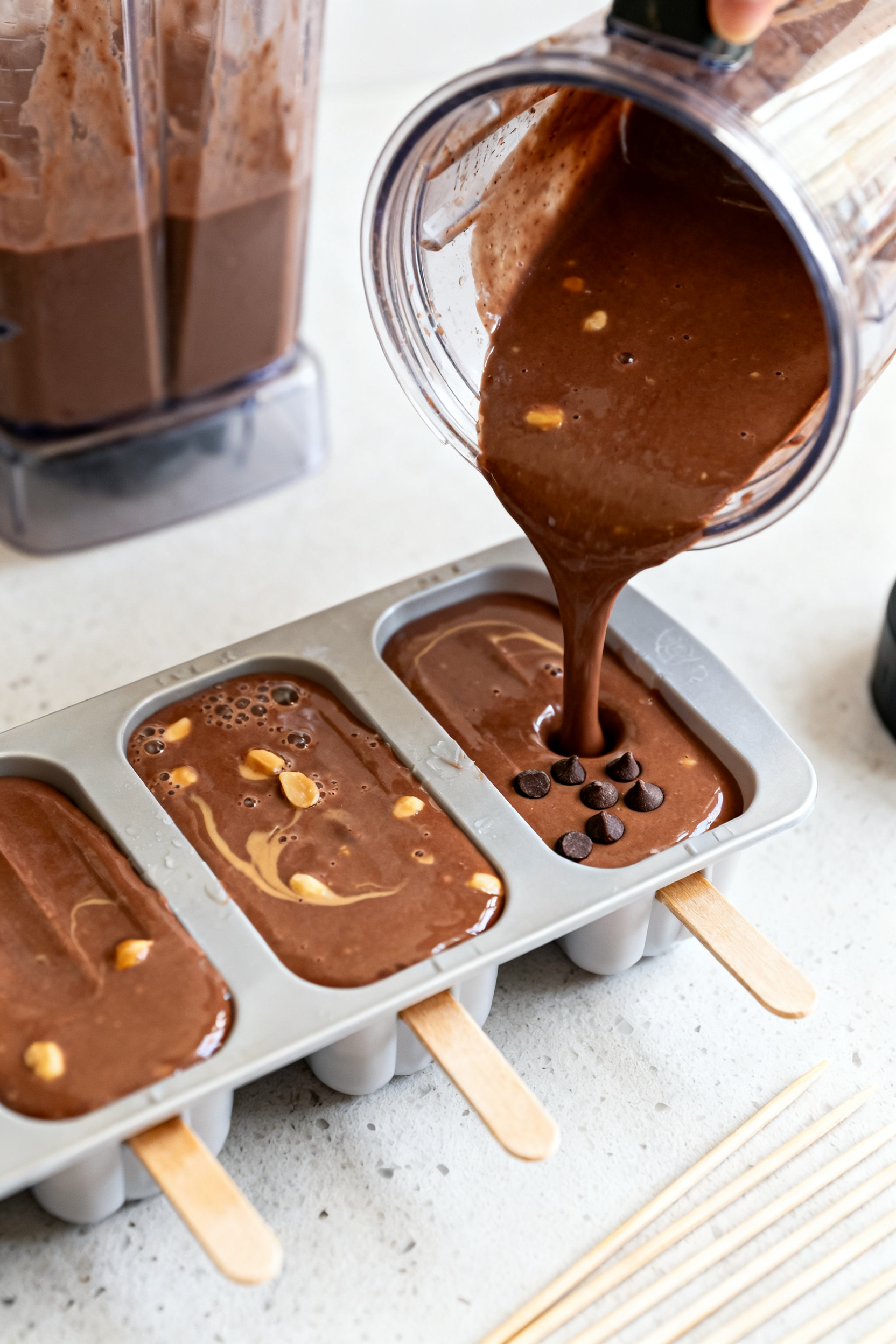Cooking process: Thick, pourable Chocolate Peanut Butter protein mixture being tapped into popsicle 