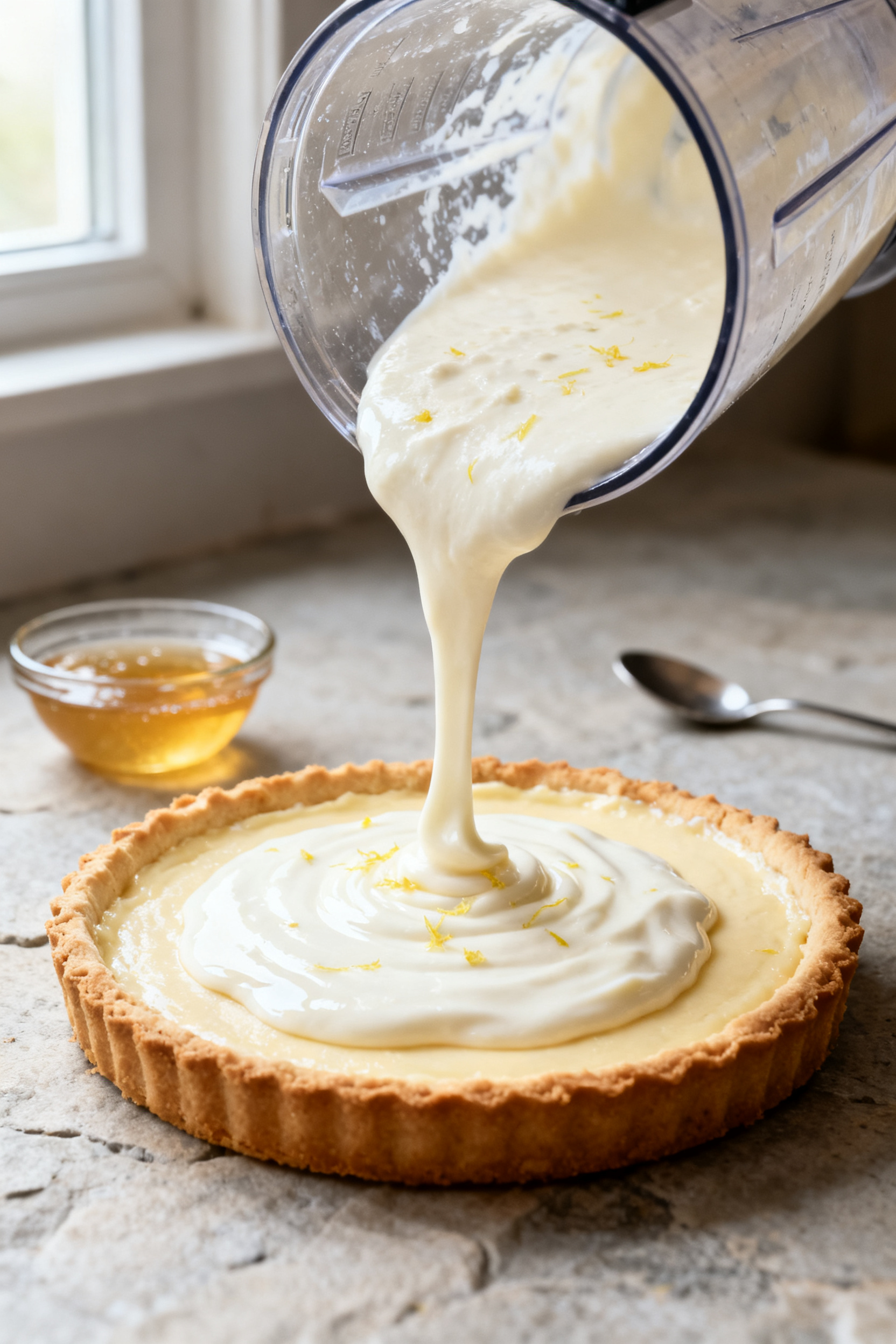 Filling action — Silky protein yogurt-cottage cheese blend being poured: Three-quarter angle shot 