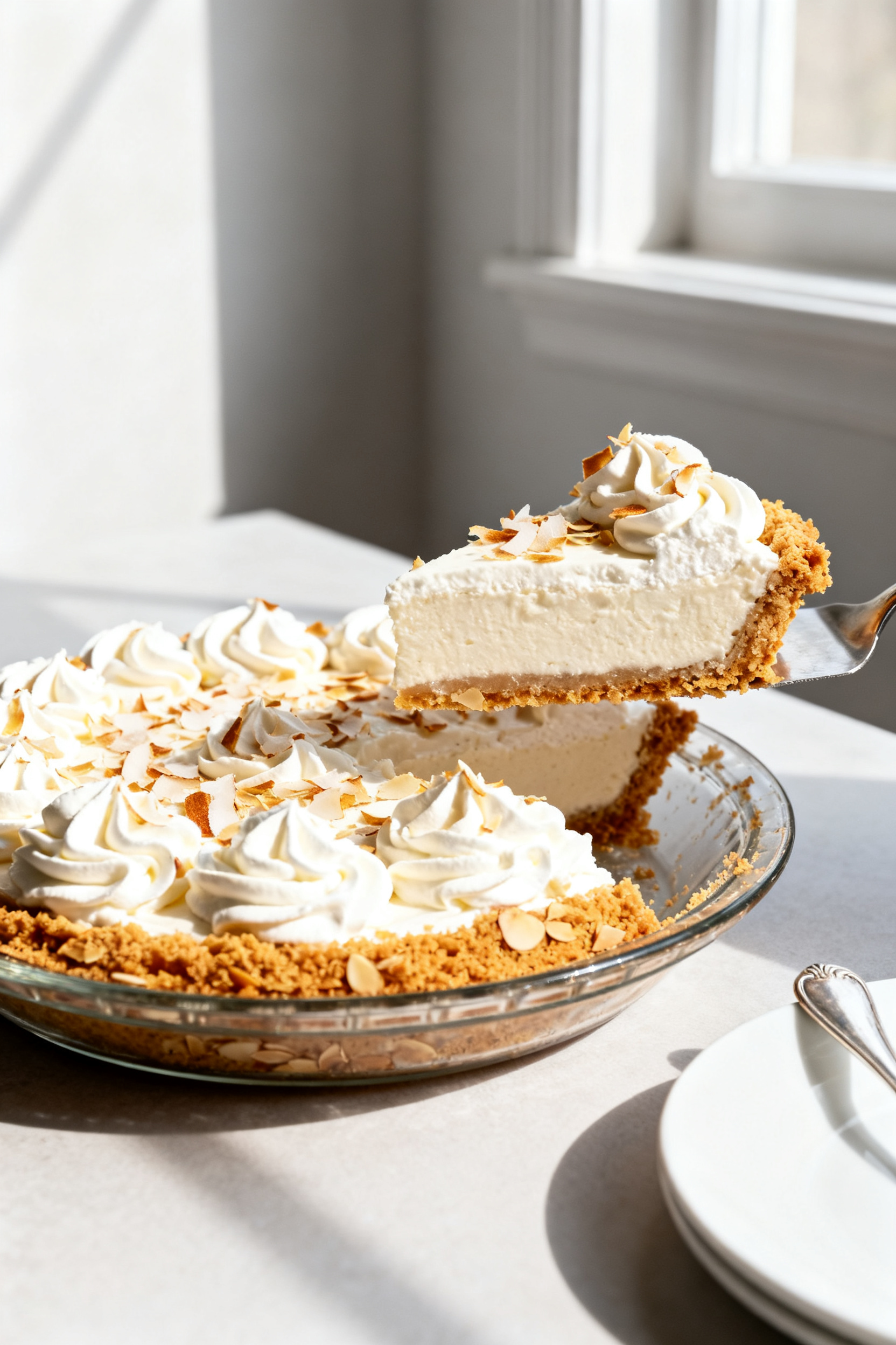 Final dish beauty shot: Keto Coconut Cream Pie set in a 9-inch pie plate with a golden almond-coconu
