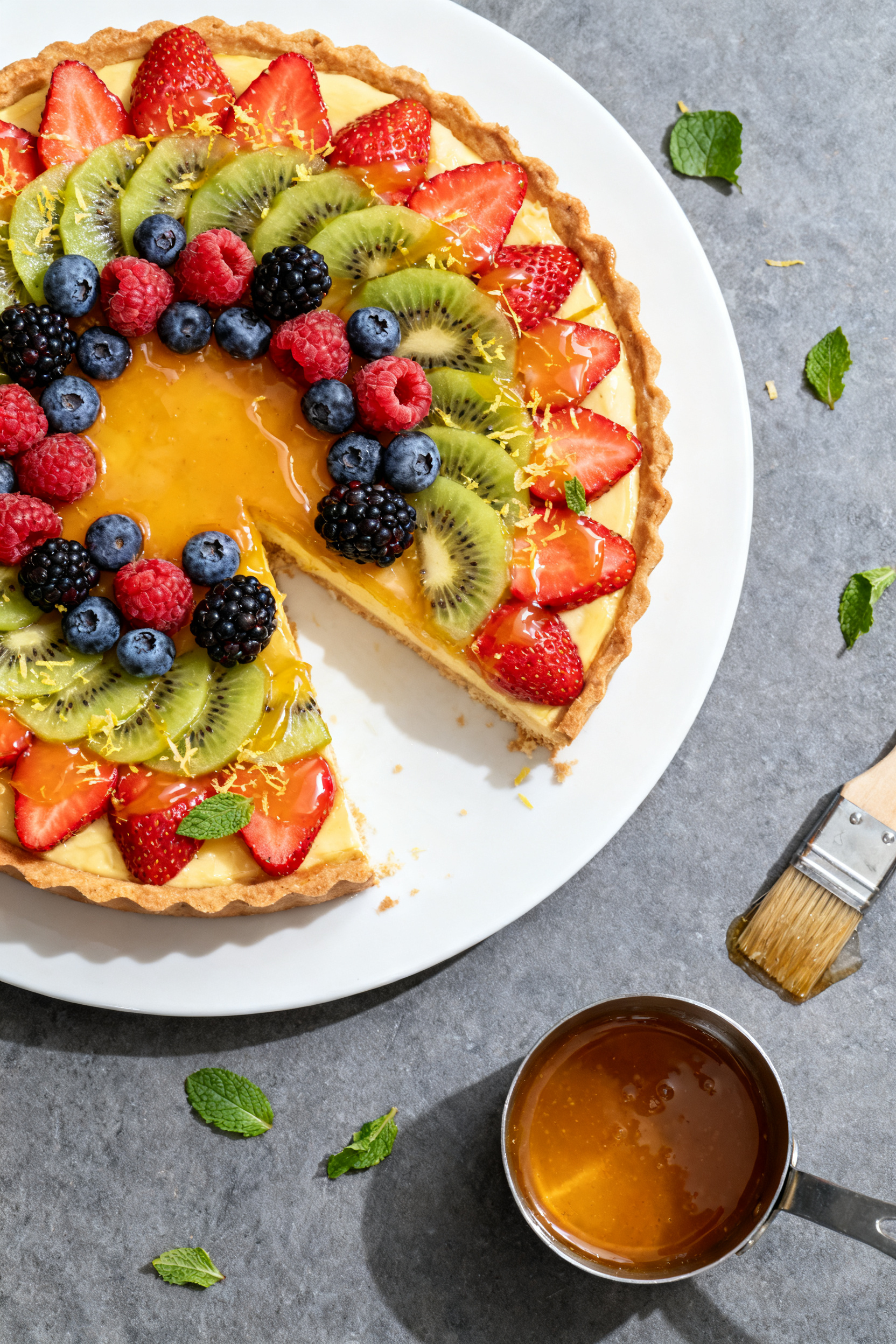 Final dish — Bright, glossy fruit tart overhead: Tasty of the fully set High Protein Fruit Tart to