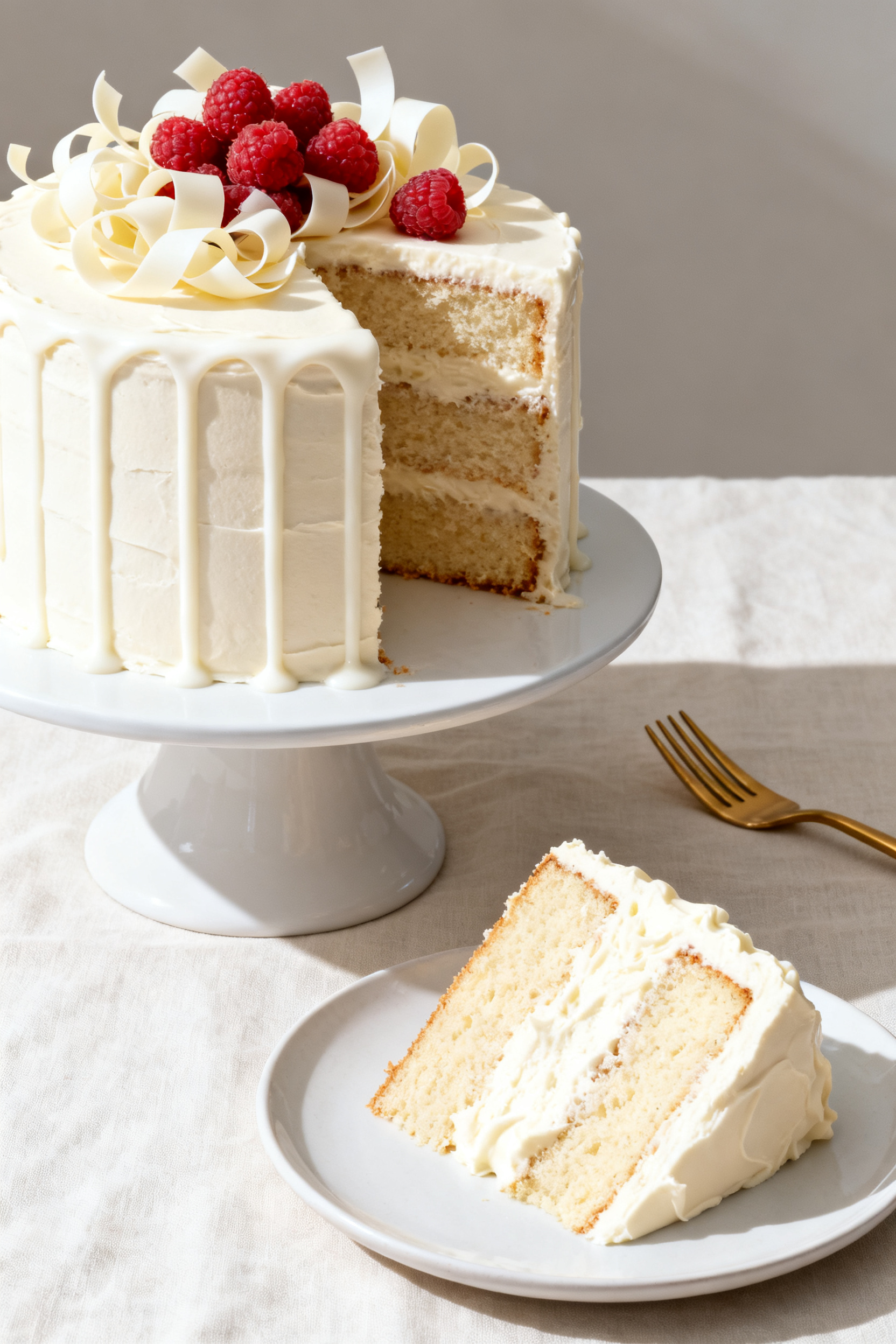 Final dish, elegant presentation: A tall, smoothly frosted white chocolate layer cake on a white ped