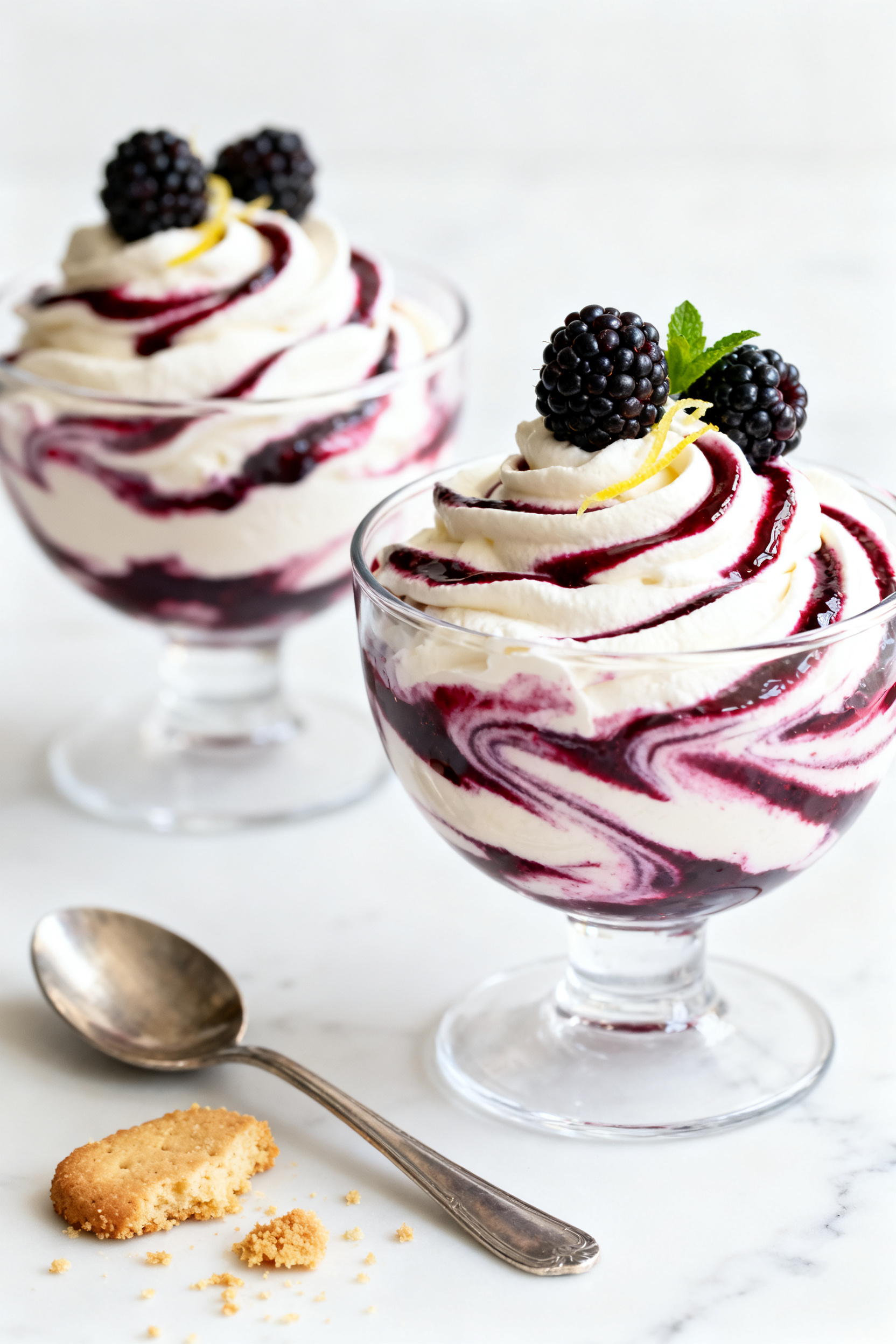 Final dish, elegant presentation: Blackberry Fool swirled in clear dessert glasses, cloud-like soft