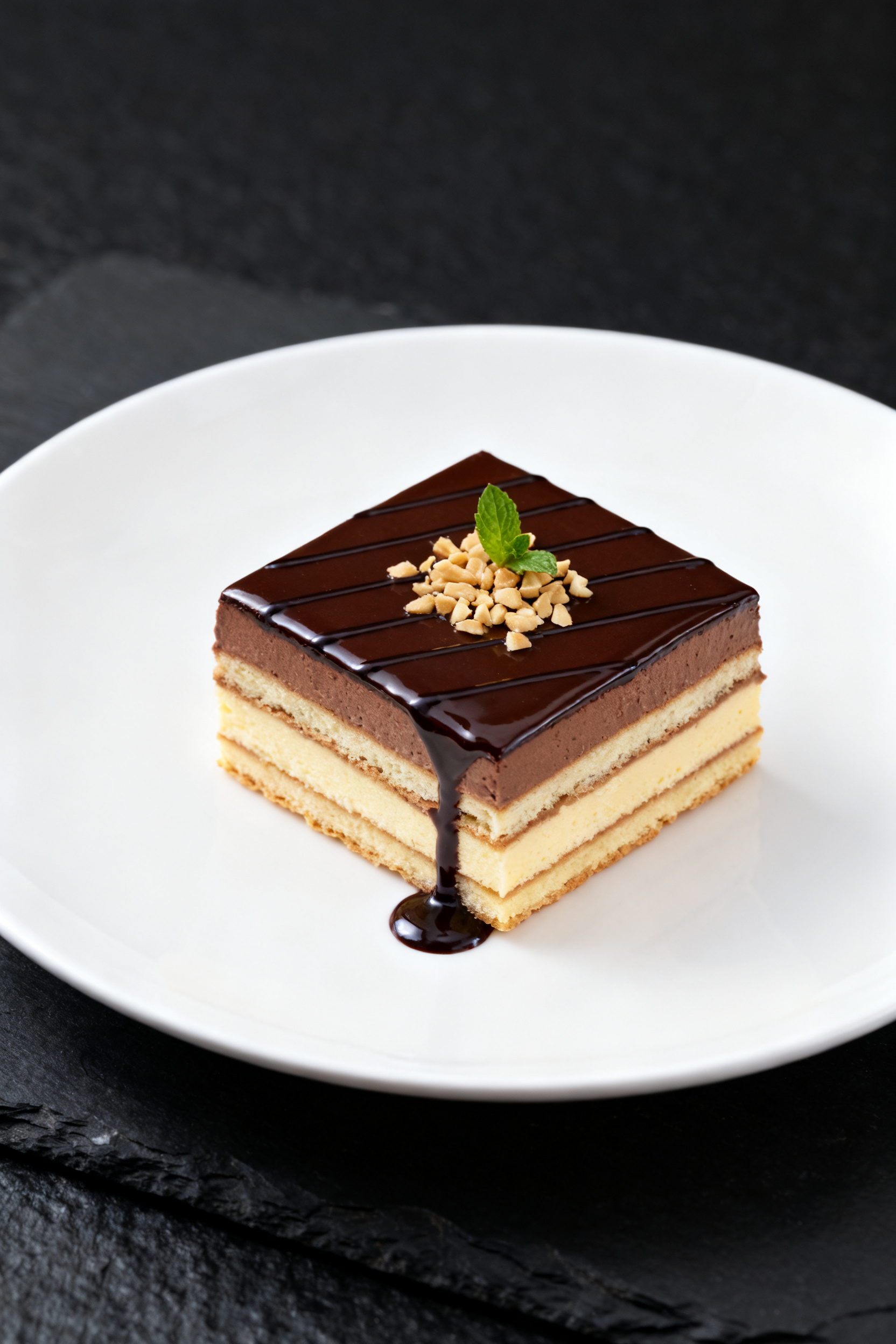 Final dish presentation: A single plated square of Chocolate Eclair Cake on a matte white dessert pl