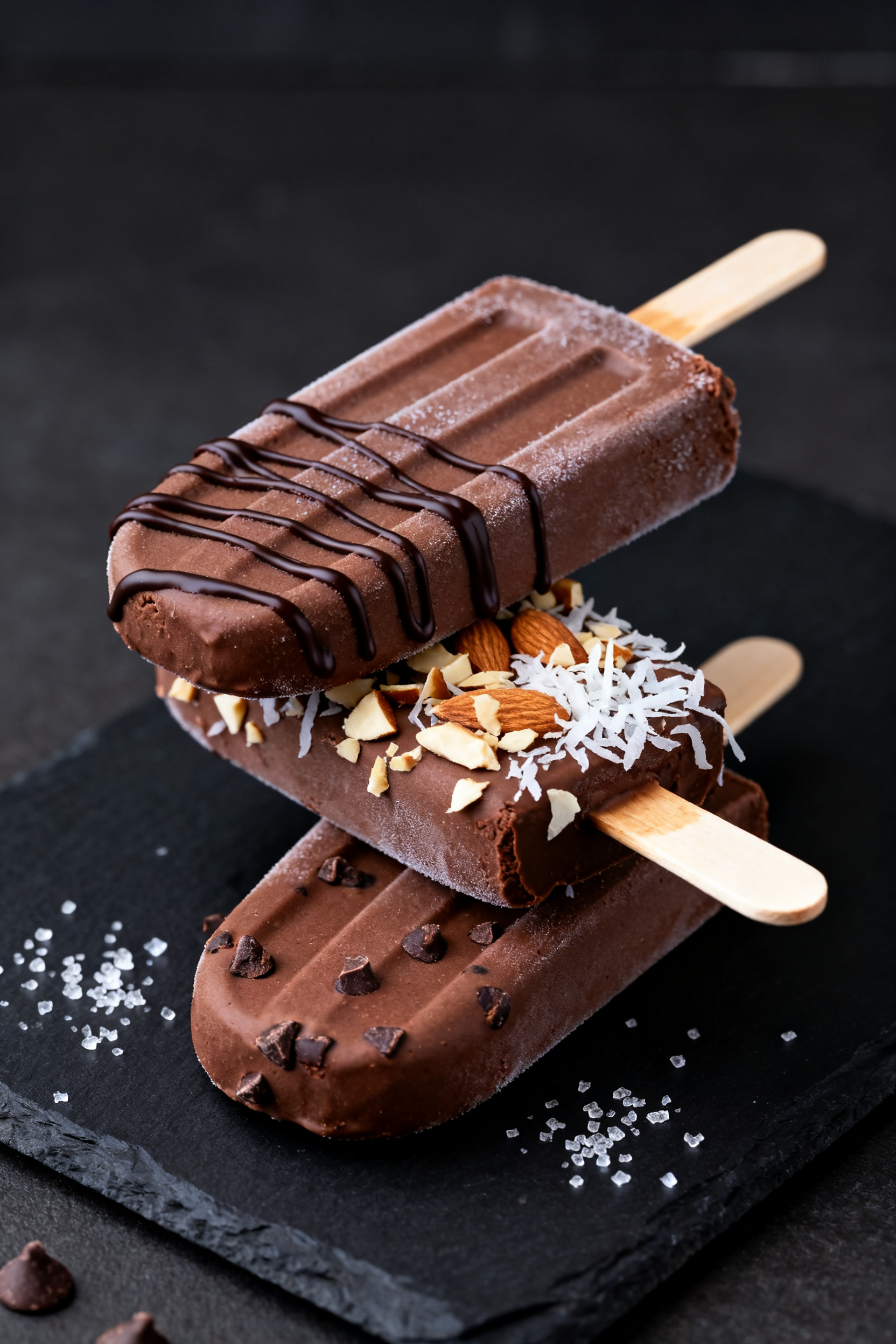 Final dish presentation: A trio of unmolded Keto Fudge Popsicles stacked slightly offset on a matte 