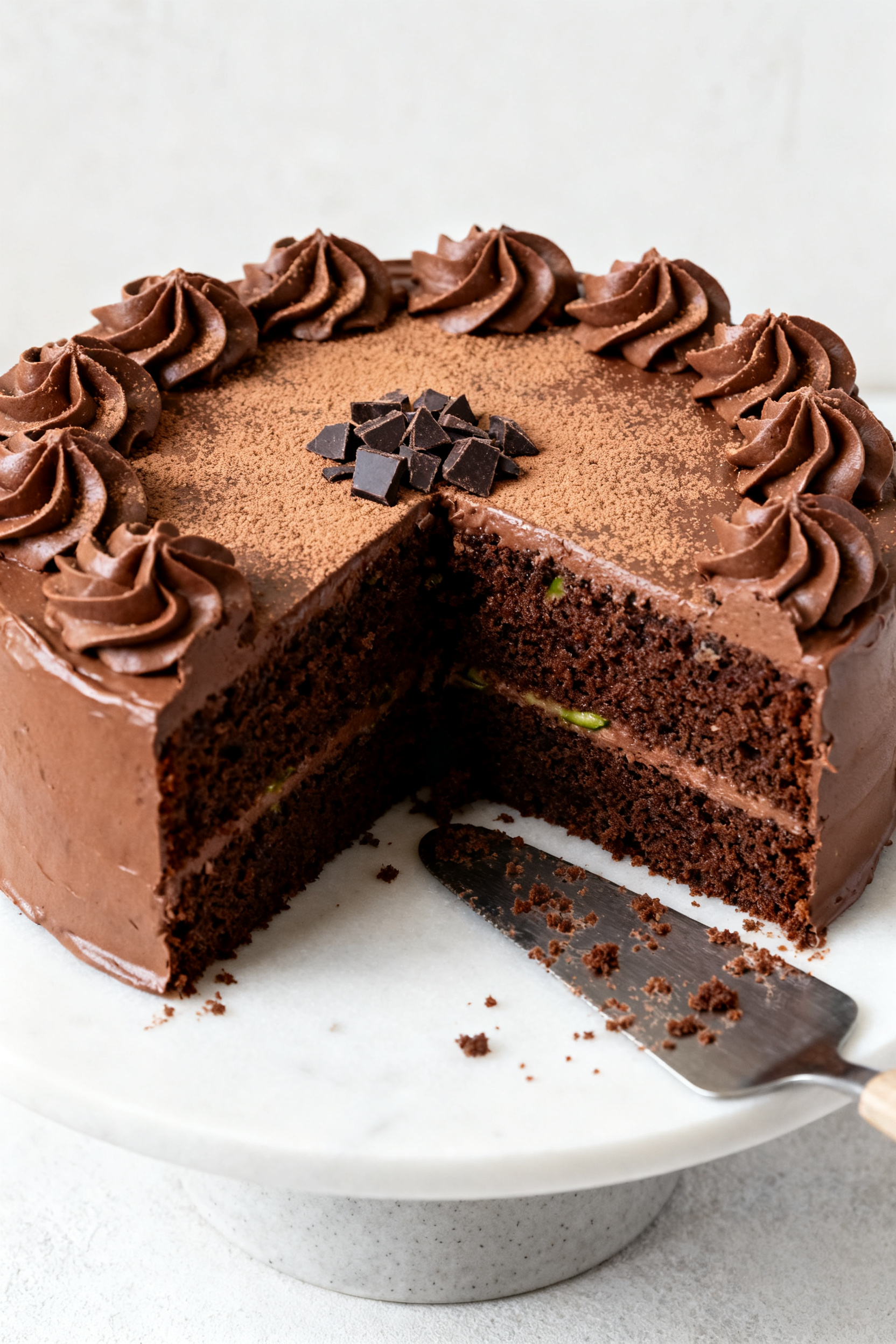 Final dish presentation: Bakery-style round chocolate zucchini cake layered with silky chocolate fro