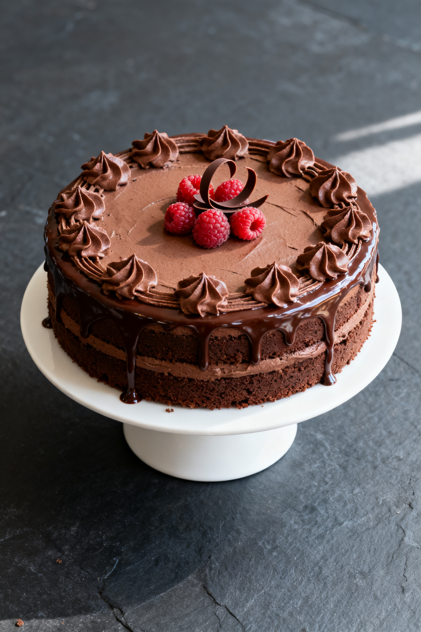 Final dish presentation: Beautifully frosted two-layer chocolate cake on a simple white pedestal, th