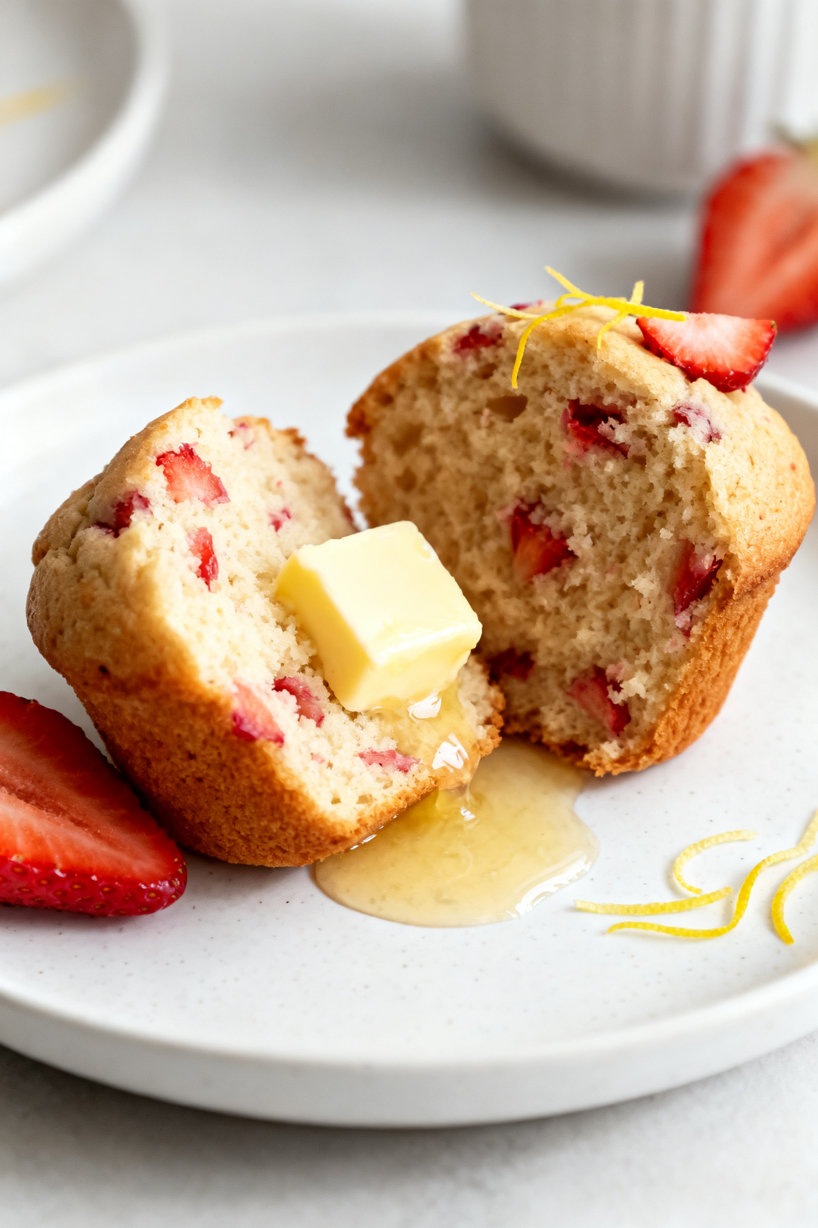 Final dish presentation: Beautifully plated Air Fryer Strawberry Muffin split open on a white cerami
