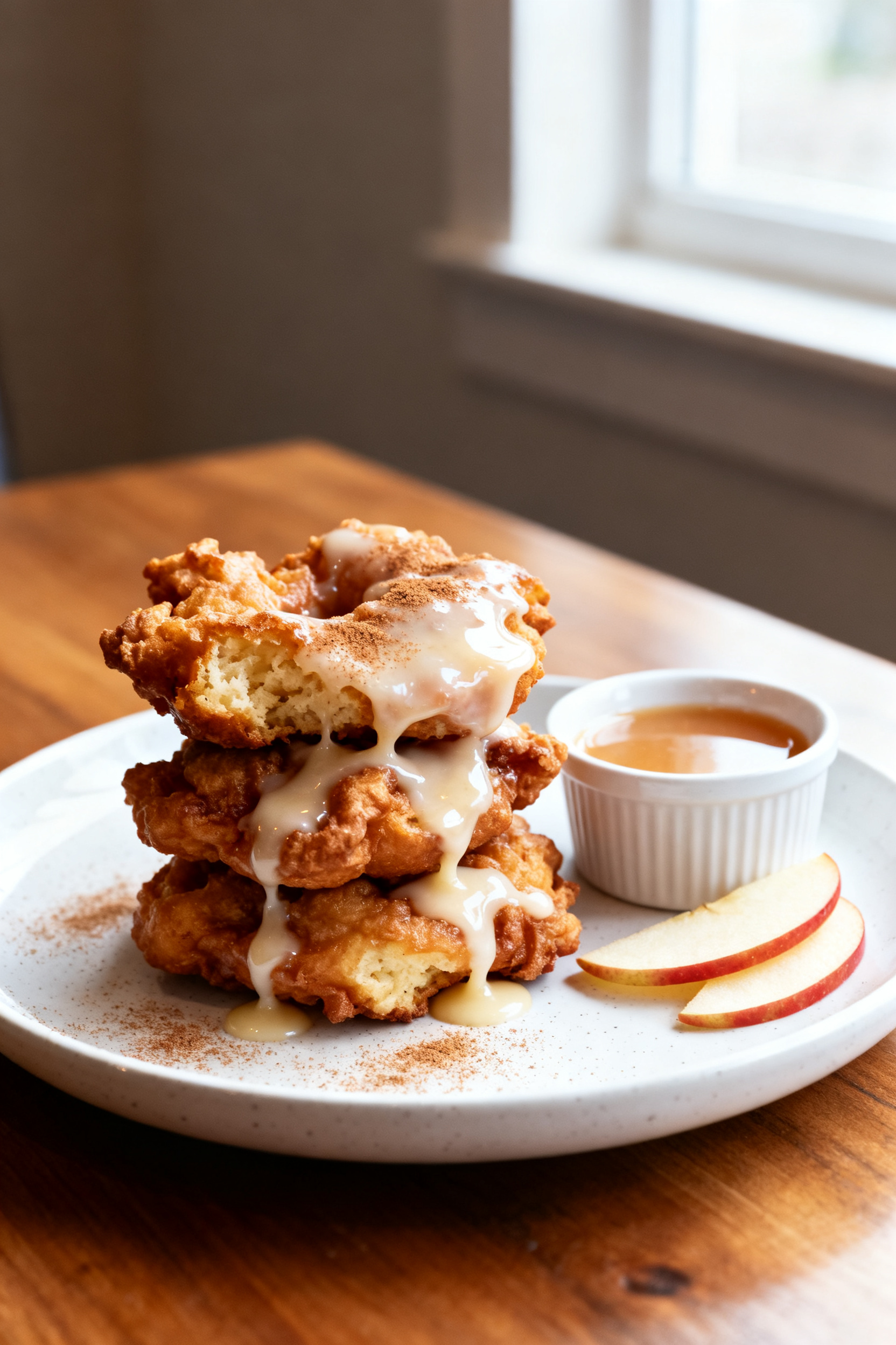 Final dish presentation: Beautifully plated air fryer apple fritters stacked on a simple white ceram