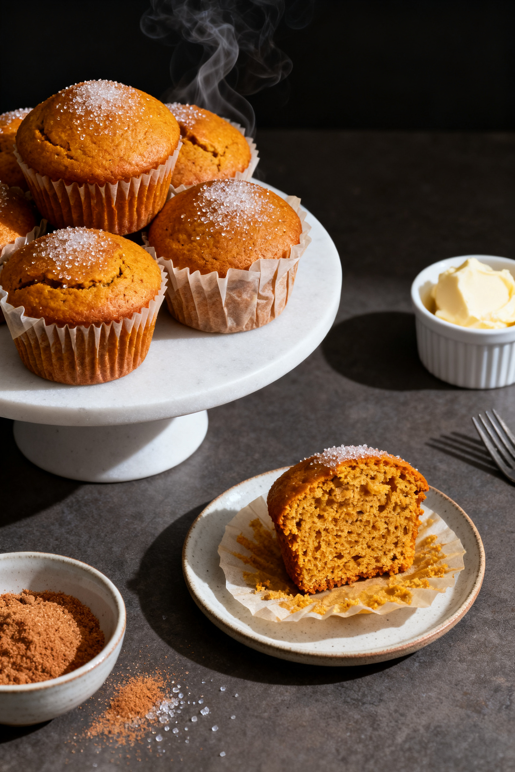 Final dish presentation: Beautifully plated bakery-style pumpkin muffins with domed tops on a matte