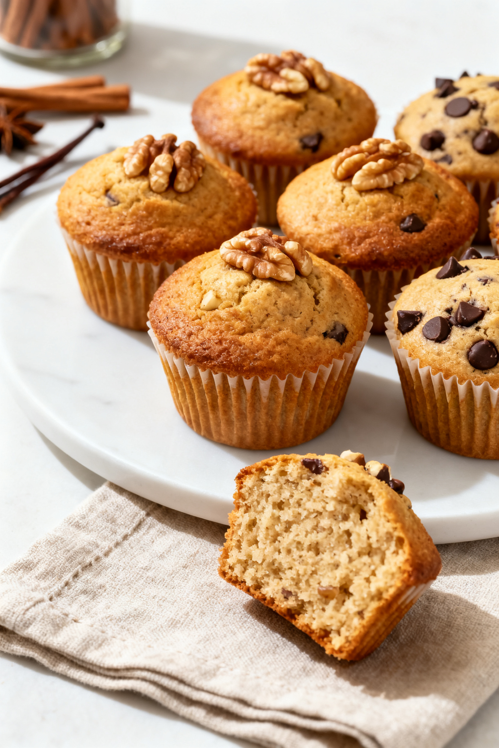 Final dish presentation: Beautifully plated banana nut muffins with high, golden domes and even brow