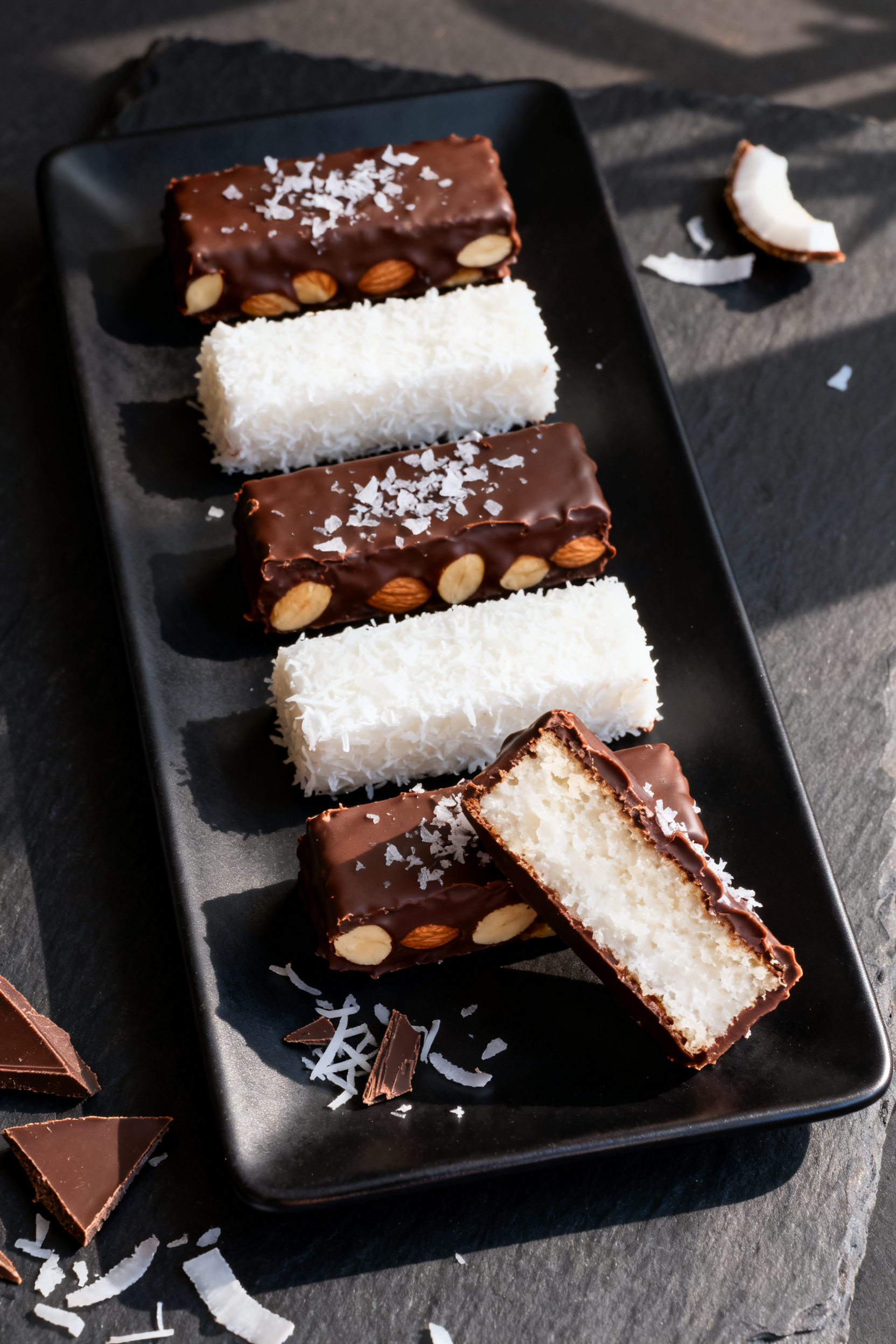 Final dish presentation: Beautifully plated Keto Chocolate Coconut Bars arranged staggered on a matt