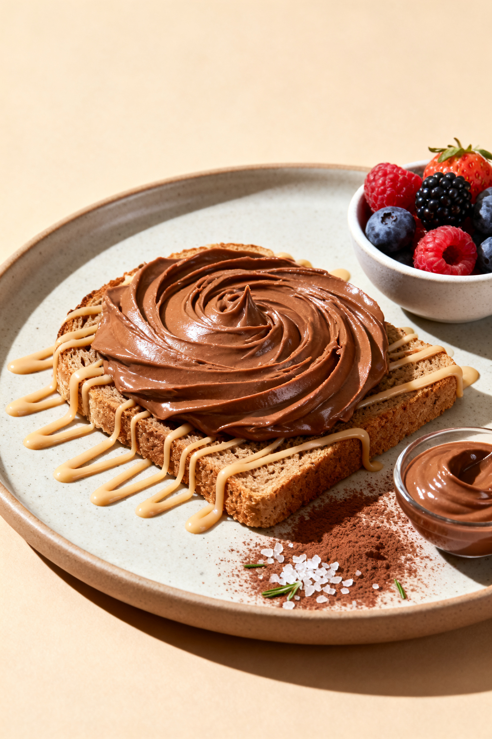 Final dish presentation: Beautifully plated keto hazelnut spread swirled thickly over low-carb toast