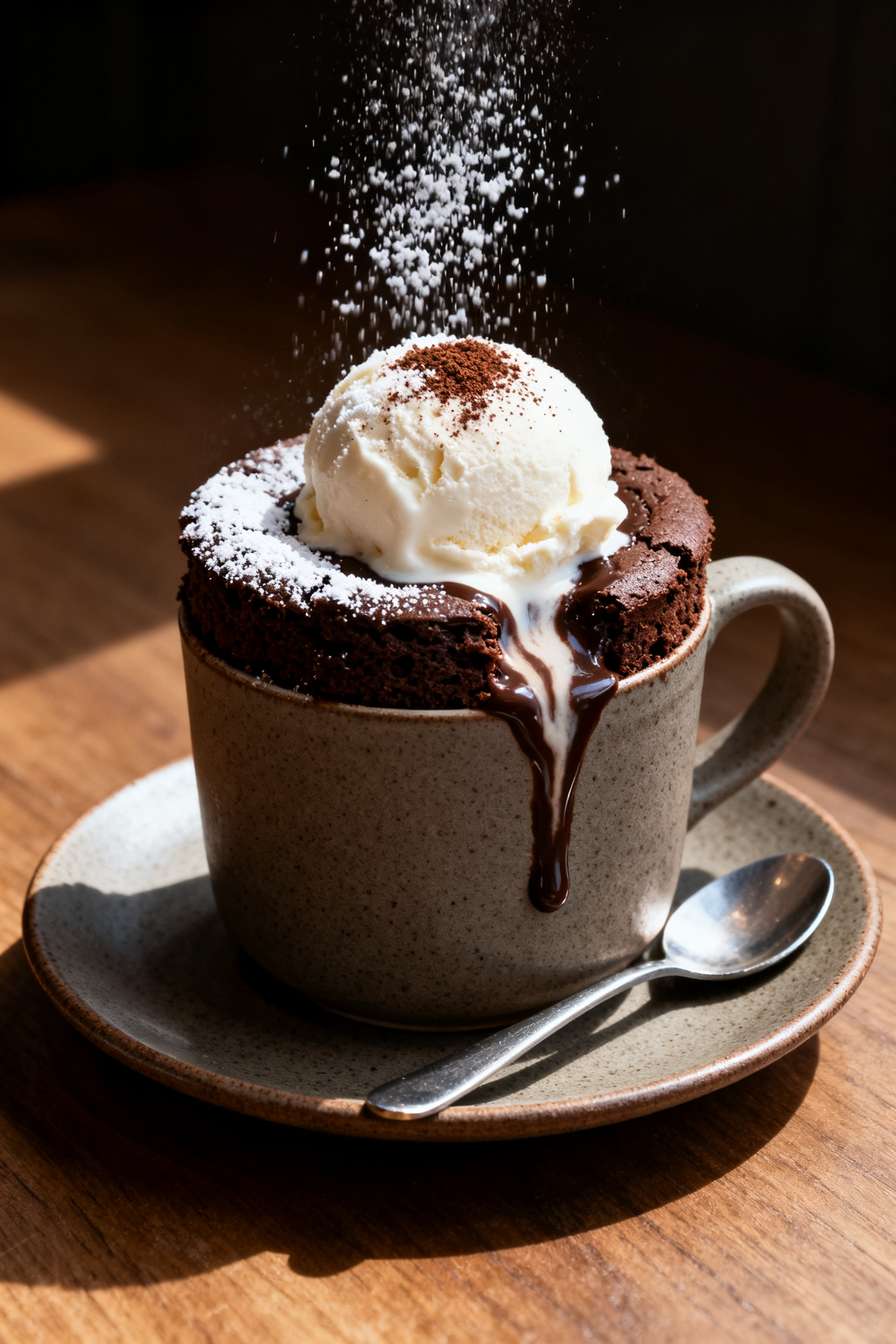 Final dish presentation: Beautifully plated mug cake served warm straight in the mug, topped with a 