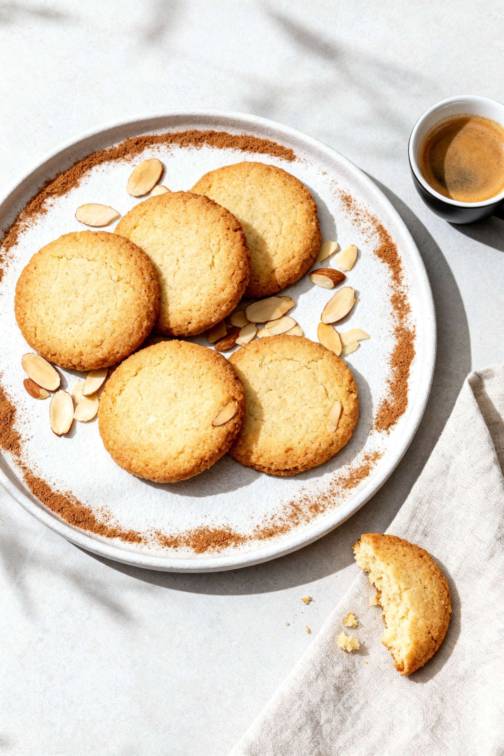 Final dish presentation: Beautifully plated No Sugar Almond Cookies arranged on a matte white plate