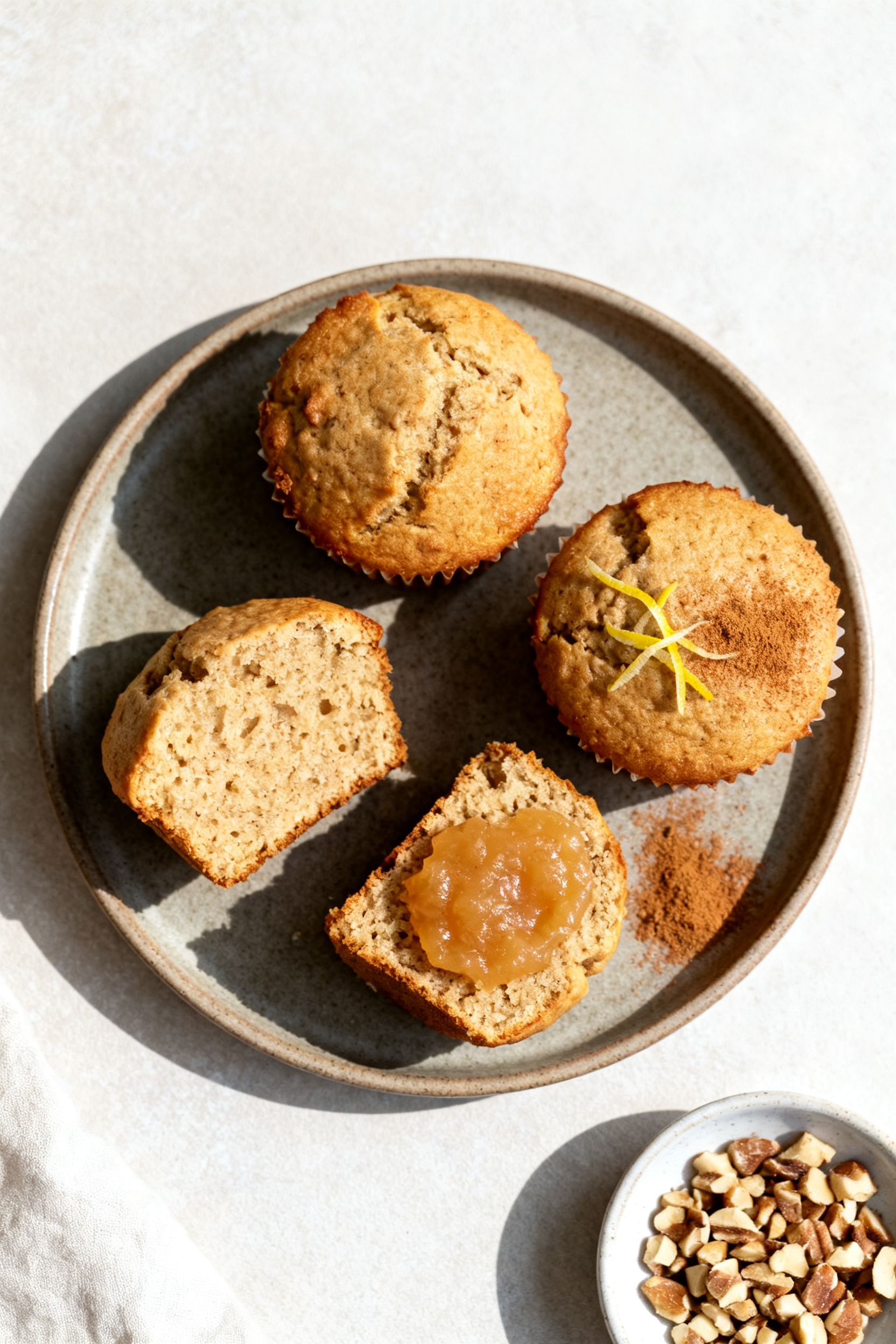 Final dish presentation: Beautifully plated no sugar apple muffins for breakfast—three muffins on