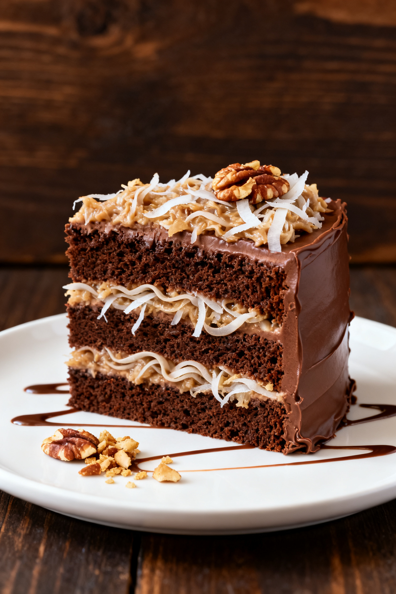 Final dish presentation: Beautifully plated slice of German chocolate cake with three tender chocola