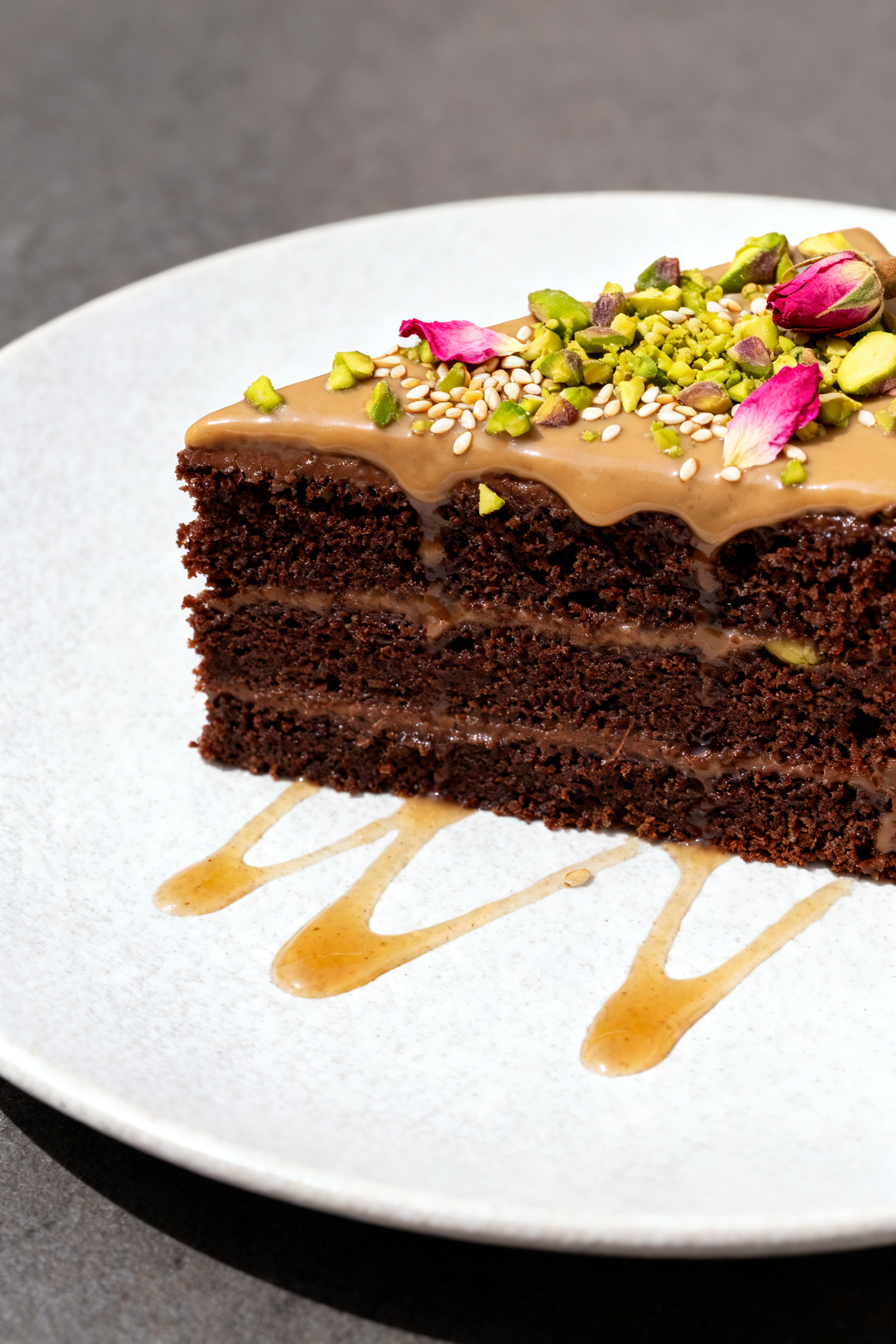 Final dish presentation: Beautifully plated slices of Dubai chocolate cake on a matte white plate, t