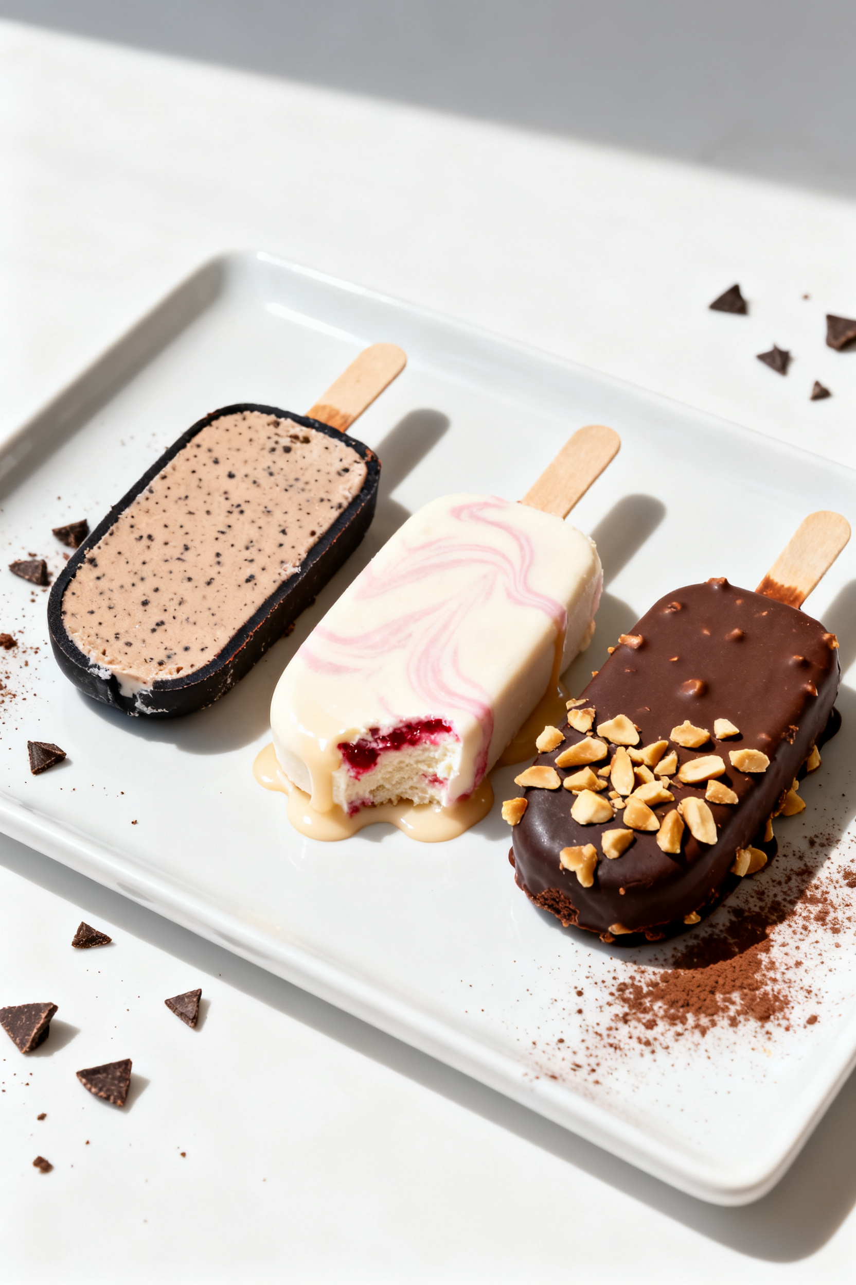 Final dish presentation: Beautifully plated trio of finished protein ice cream bars in different fla