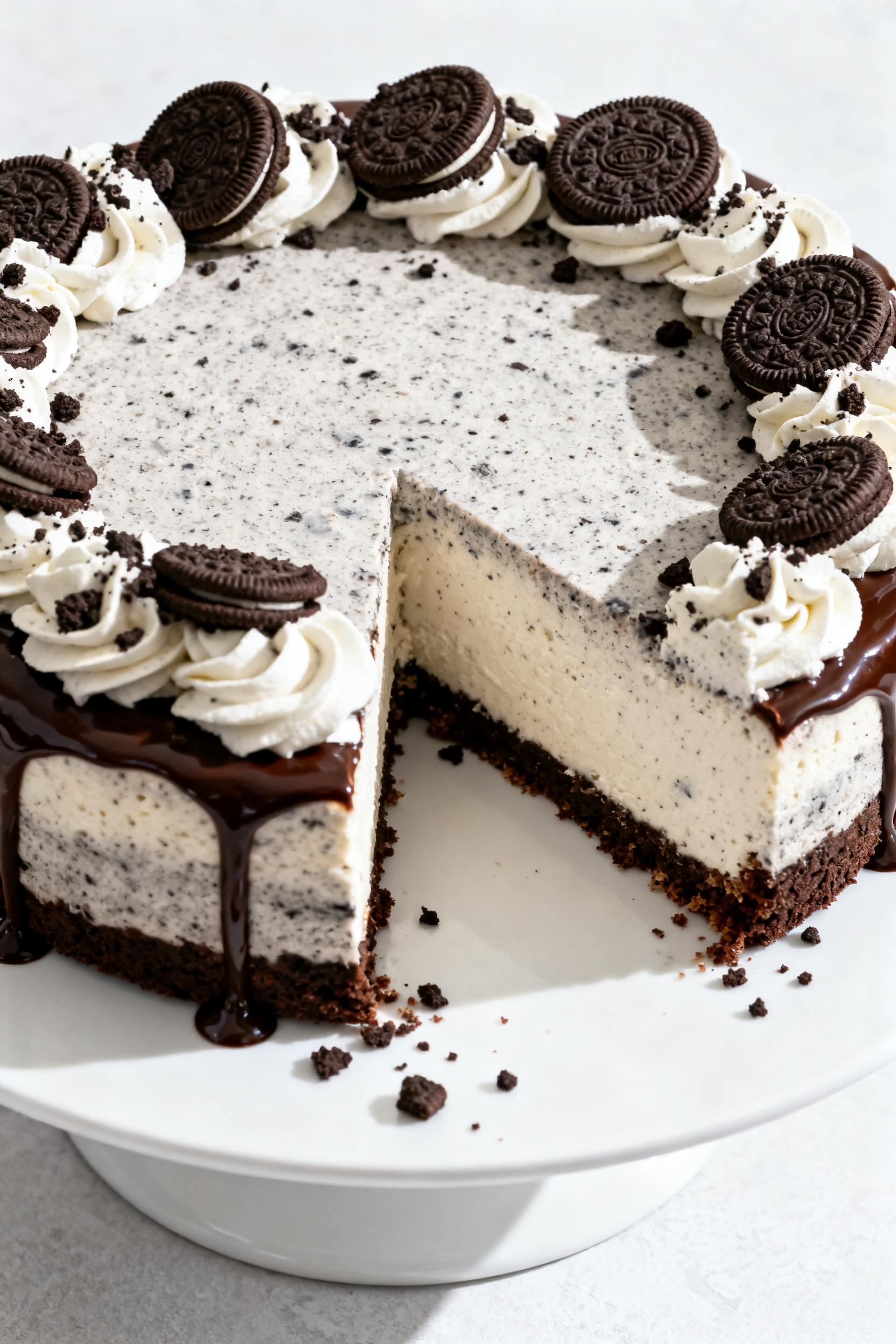 Final dish presentation: Beautifully plated whole cookies-and-cream cheesecake on a white cake stand