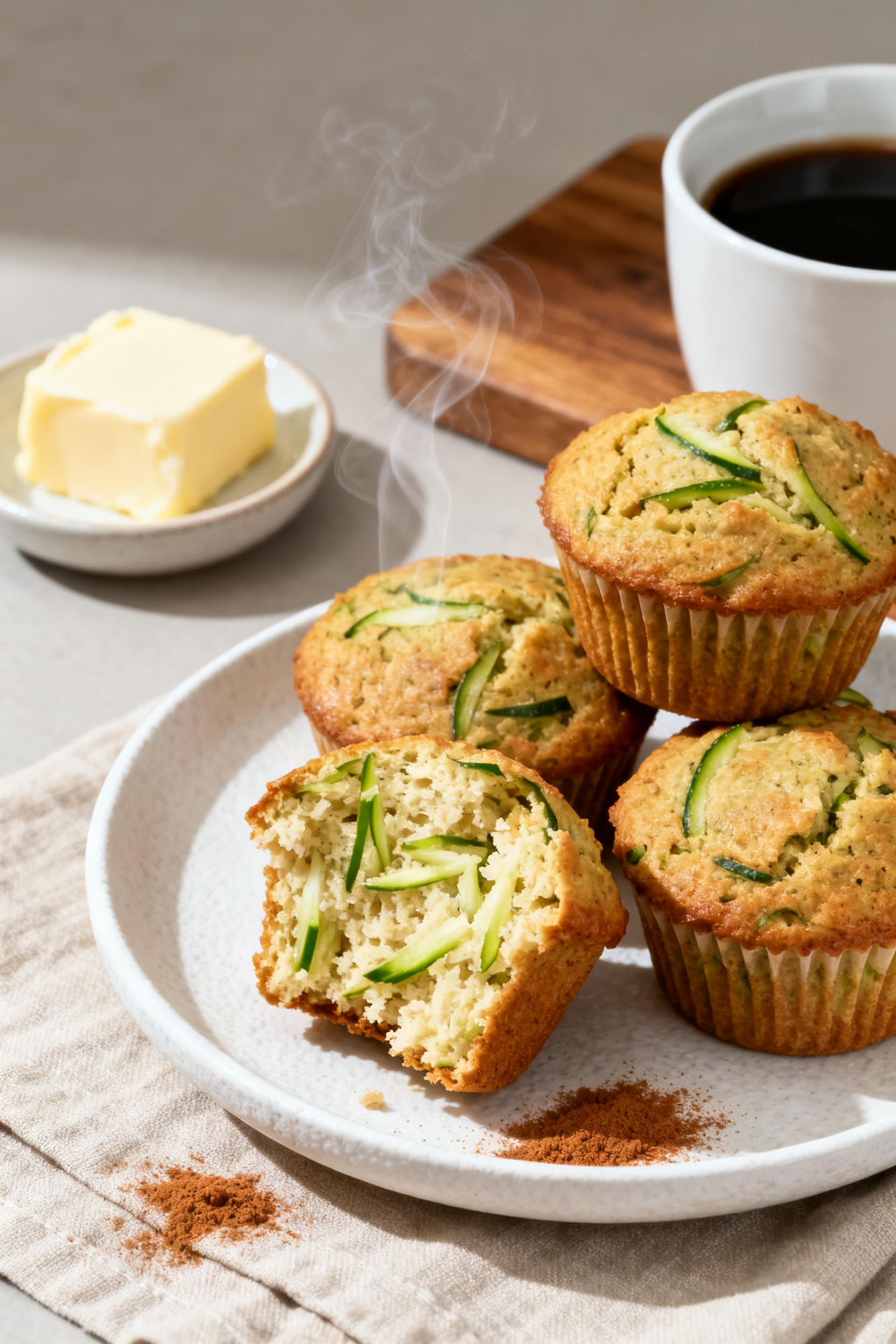Final dish presentation: Beautifully plated zucchini muffins on a matte white plate with one muffin 