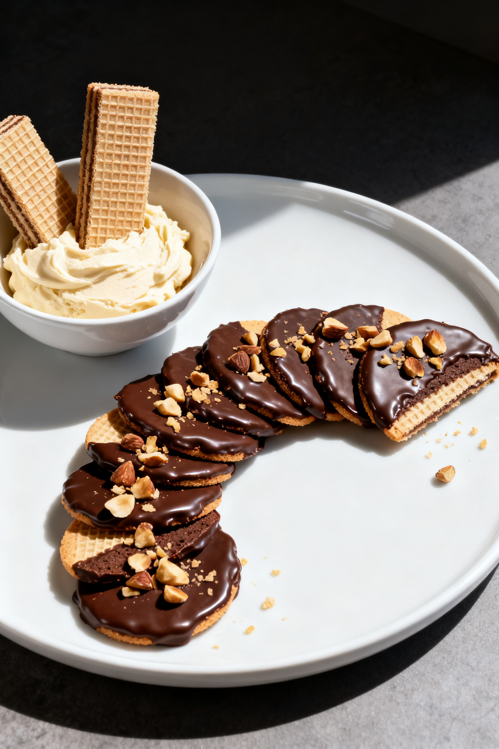 Final dish presentation: Elegant plate of chocolate-dipped keto wafers—each cookie half-coated in 