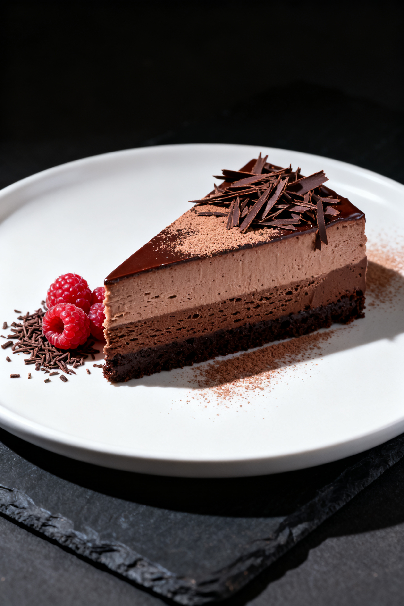 Final dish presentation, plated slice: Restaurant-quality slice of chocolate mousse cake on a matte 
