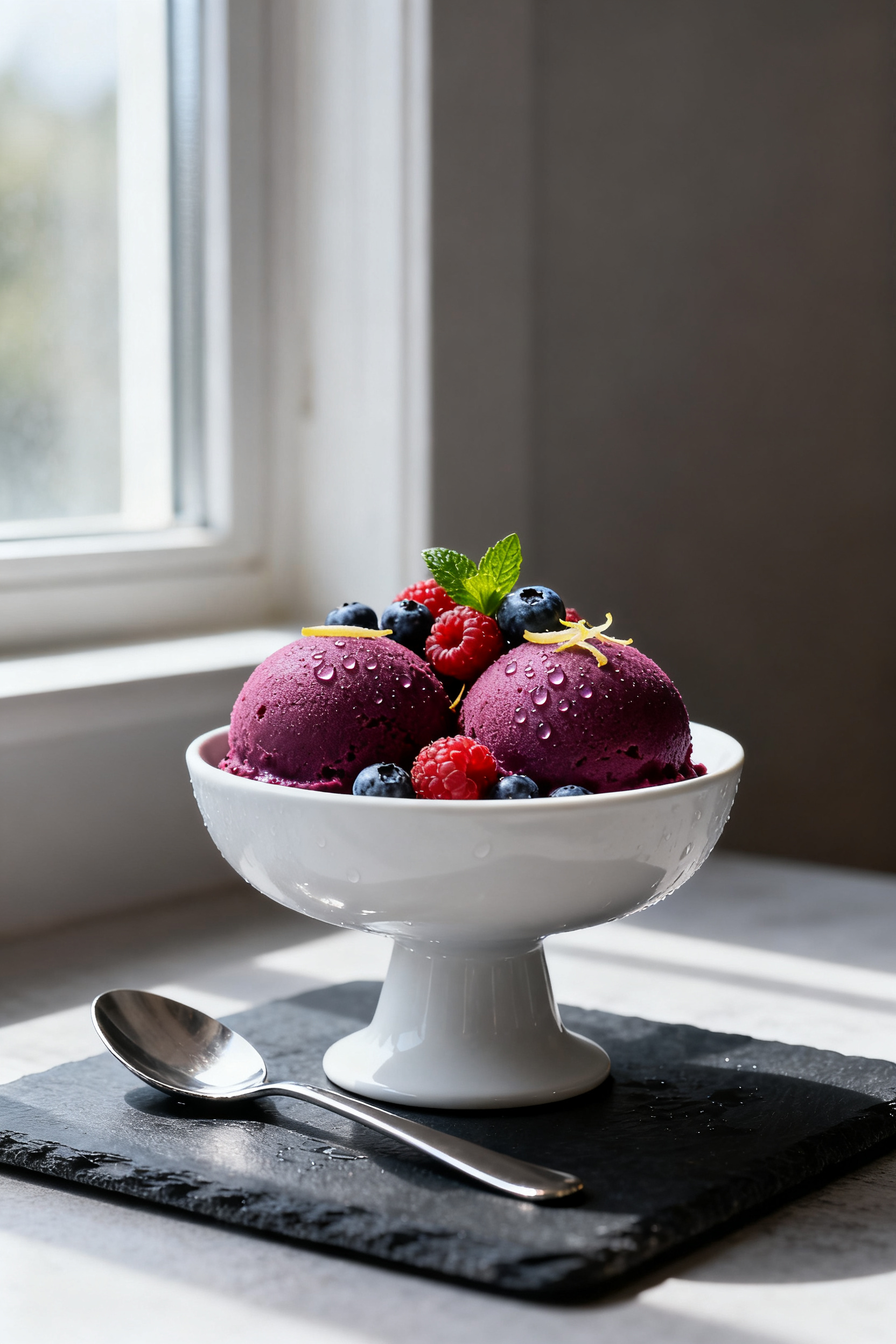 Final dish presentation: Restaurant-quality bowl of keto berry sorbet—three smooth, round scoops i