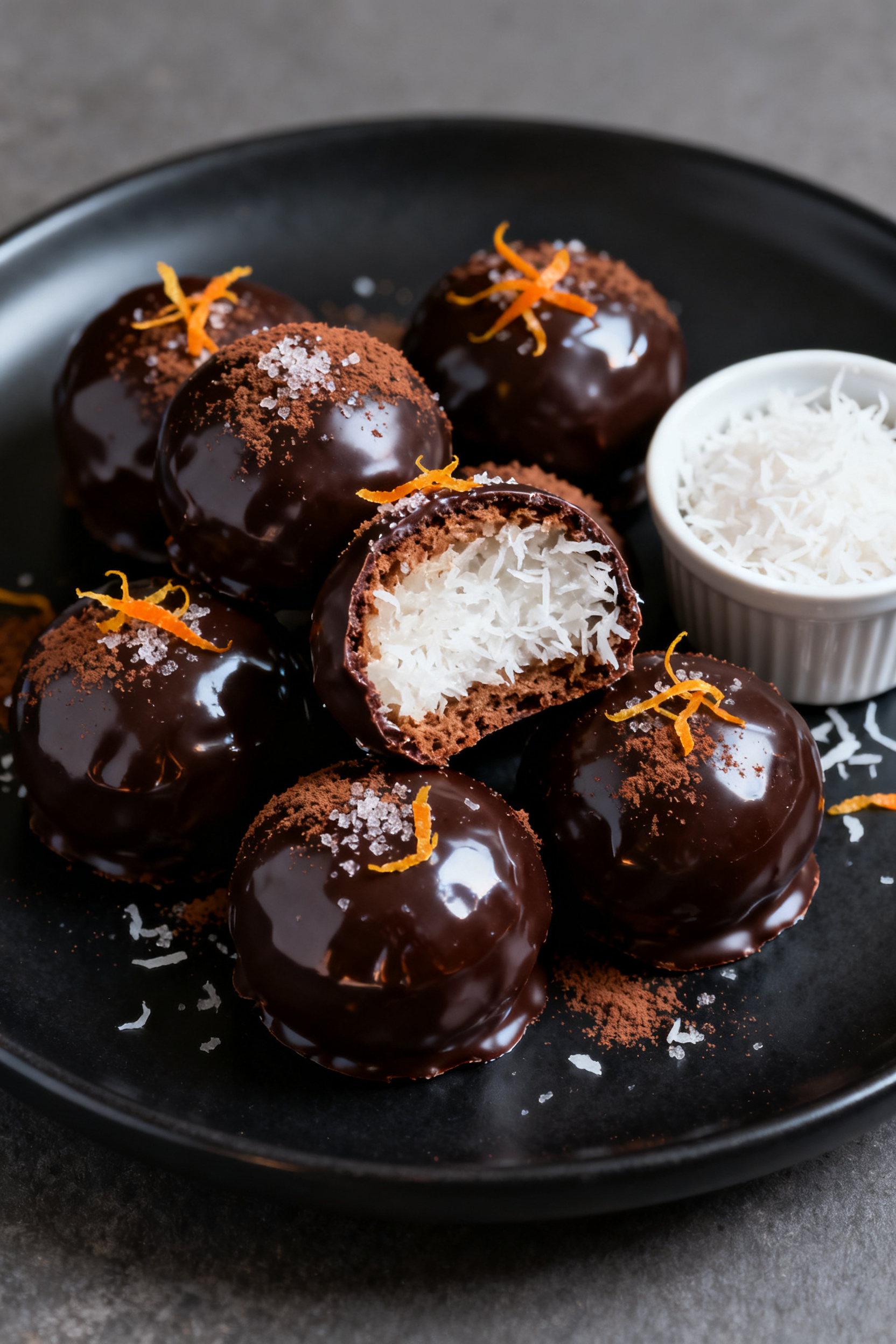 Final dish presentation: Restaurant-quality plate of dipped-and-set Chocolate Coconut Balls with a g