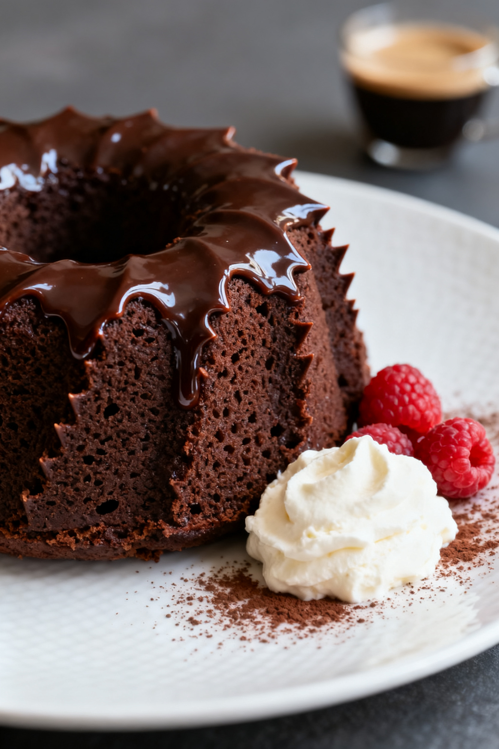 Final dish presentation: Restaurant-quality plated slice of chocolate bundt cake with tender, moist 
