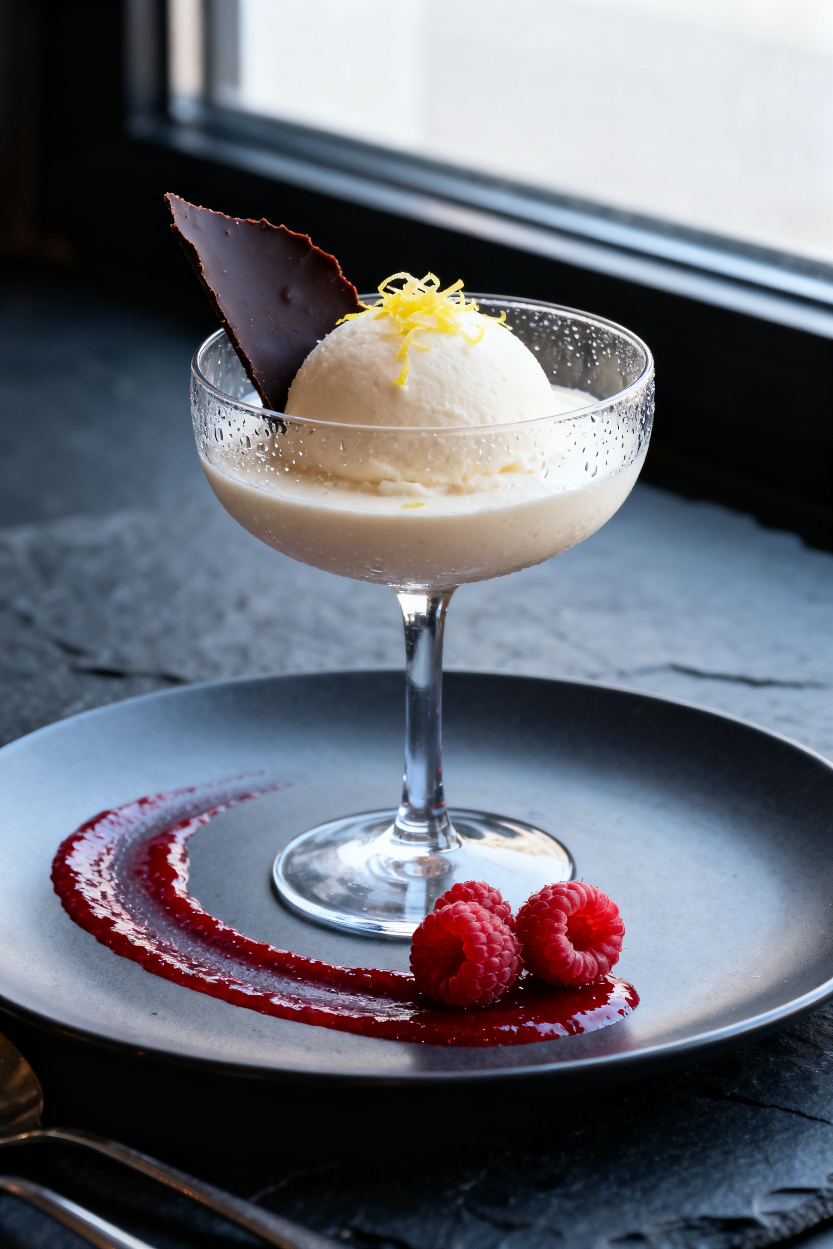 Final dish presentation: Restaurant-quality plated mousse served in a stemless coupe glass, creamy a