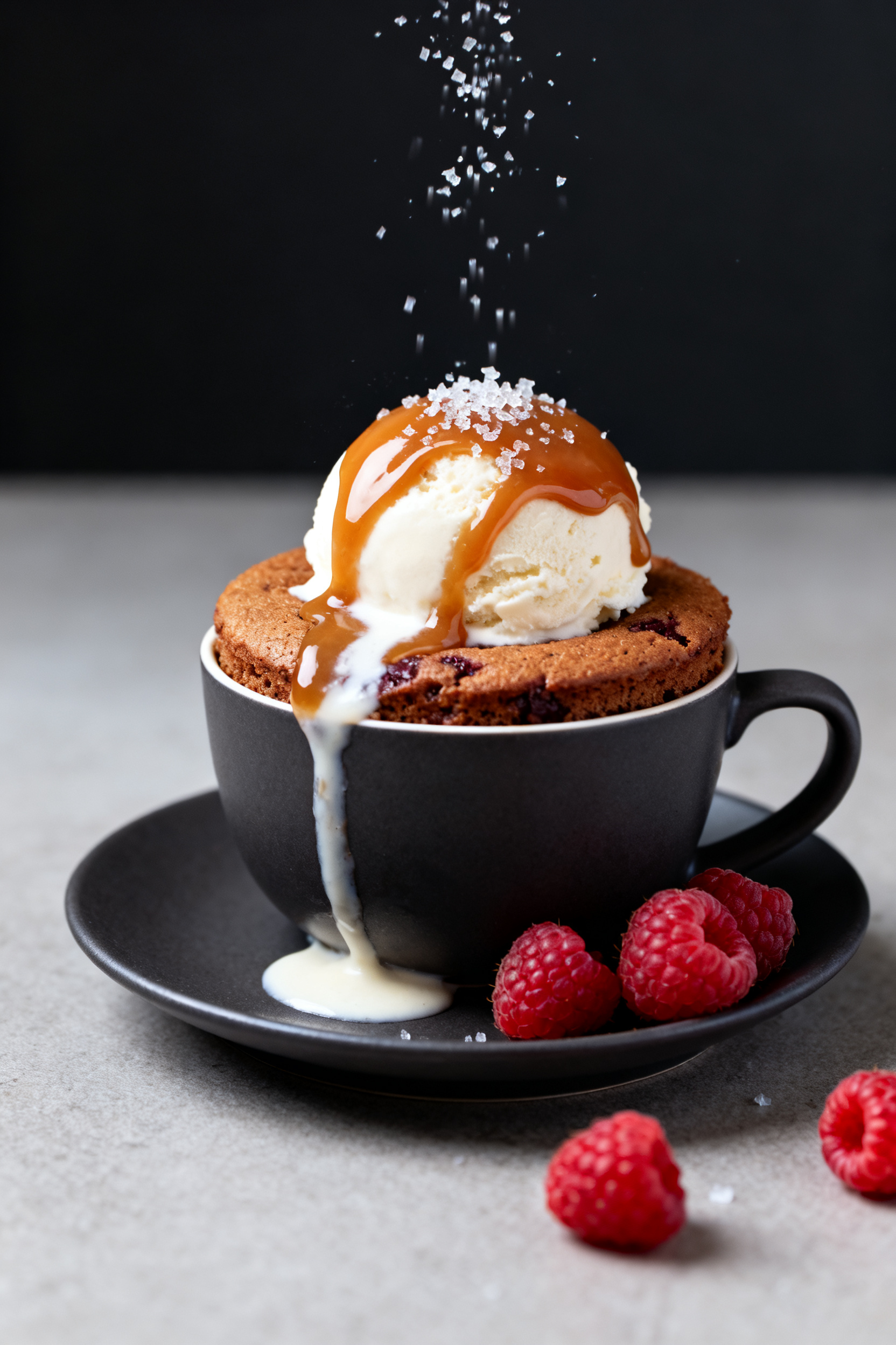 Final dish presentation: Restaurant-quality plated mug cake moment—mug on a small matte black sauc