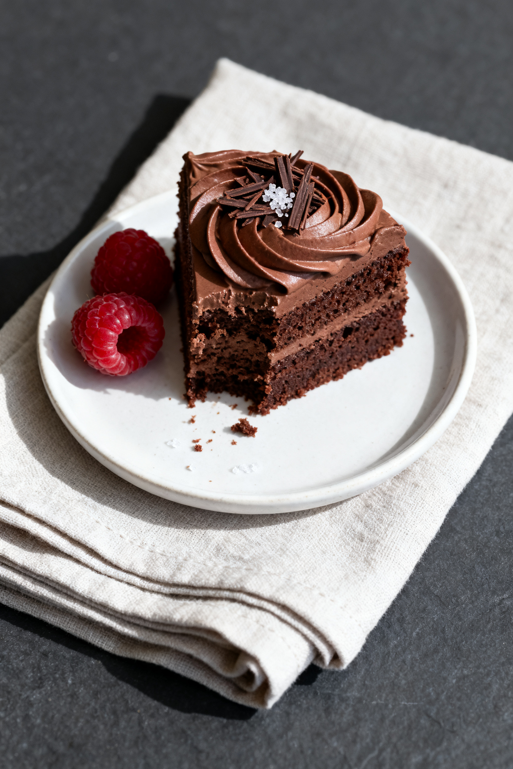 Final dish presentation: Restaurant-quality plated slice of mini chocolate cake on a small white cer