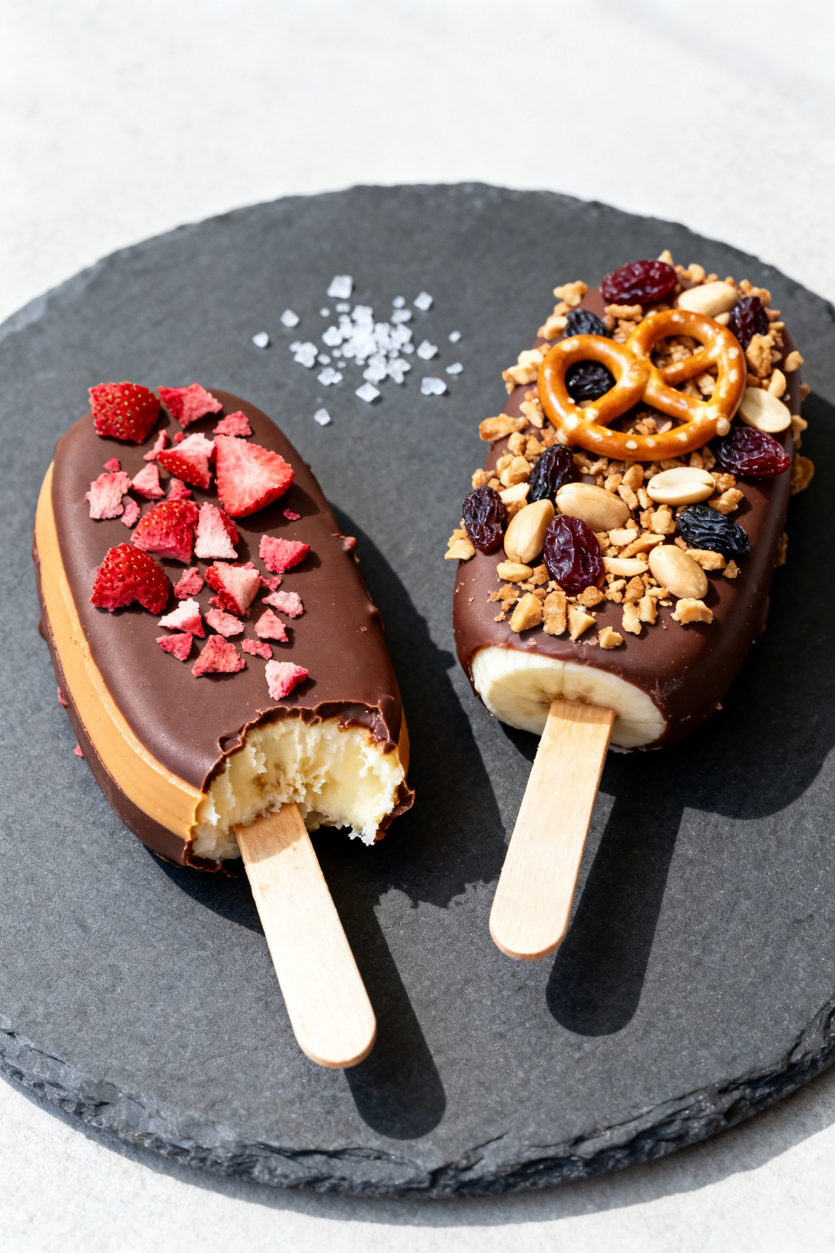 Final dish presentation: Restaurant-quality plating of two Frozen Banana Pops on a matte slate plate