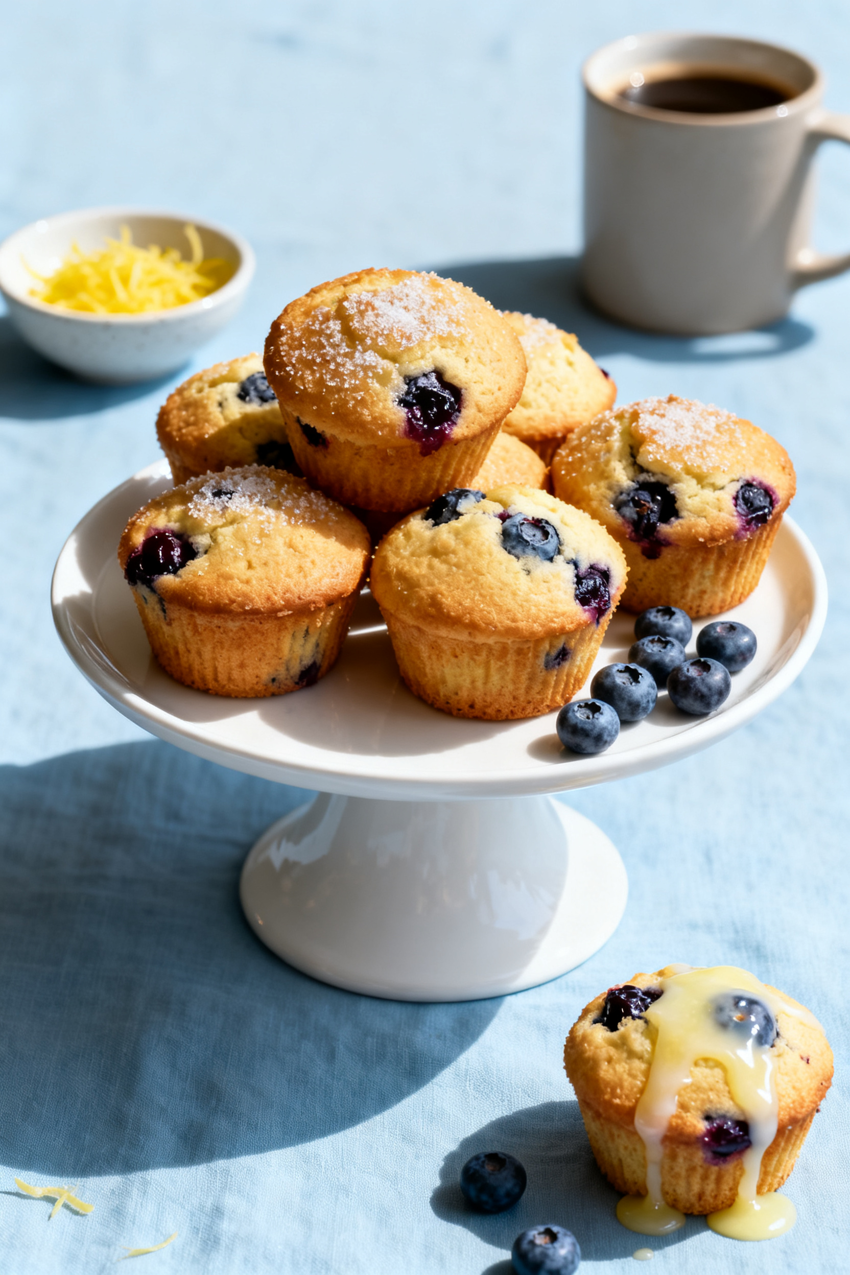 Final dish presentation: Restaurant-quality platter of golden, domed blueberry muffins piled casuall