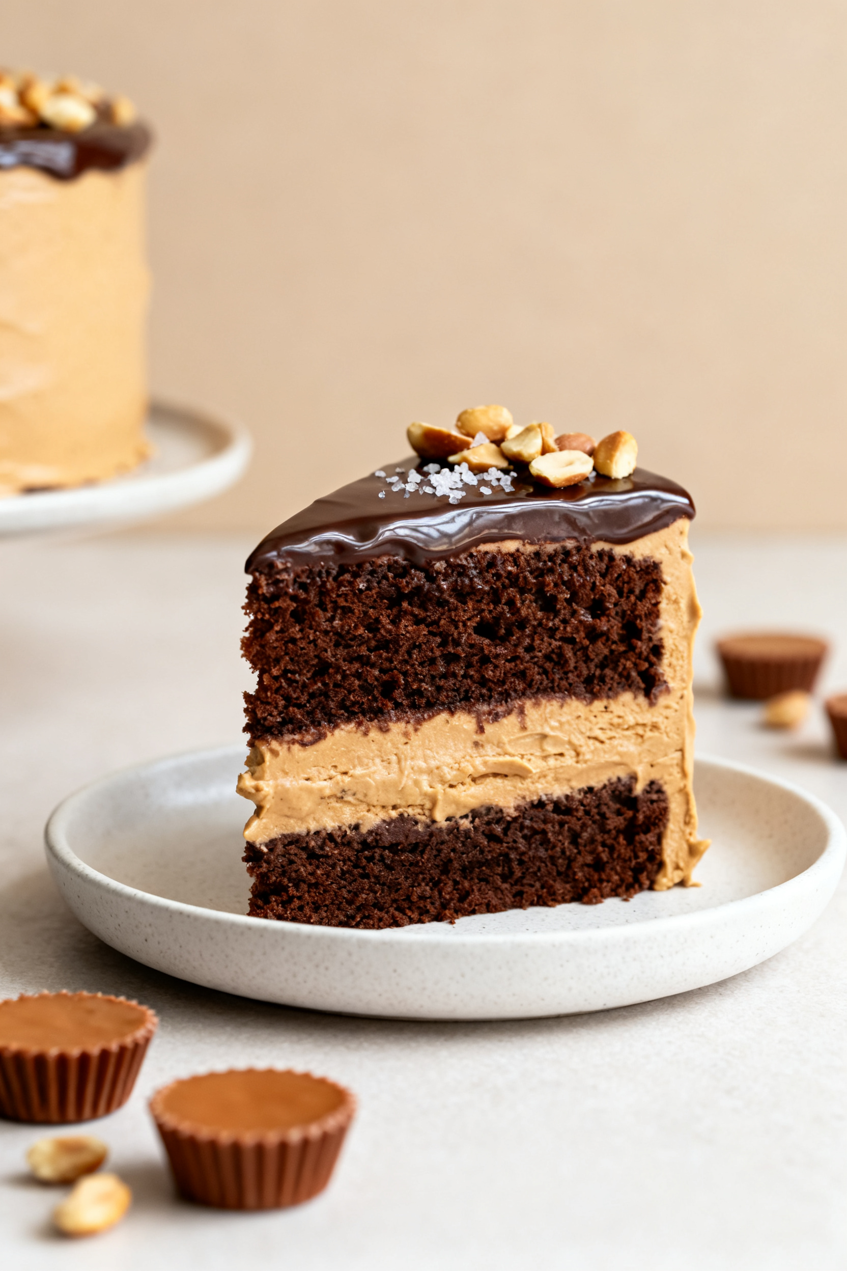 Final dish presentation: Restaurant-quality slice of Chocolate Peanut Butter Cake on a matte white d