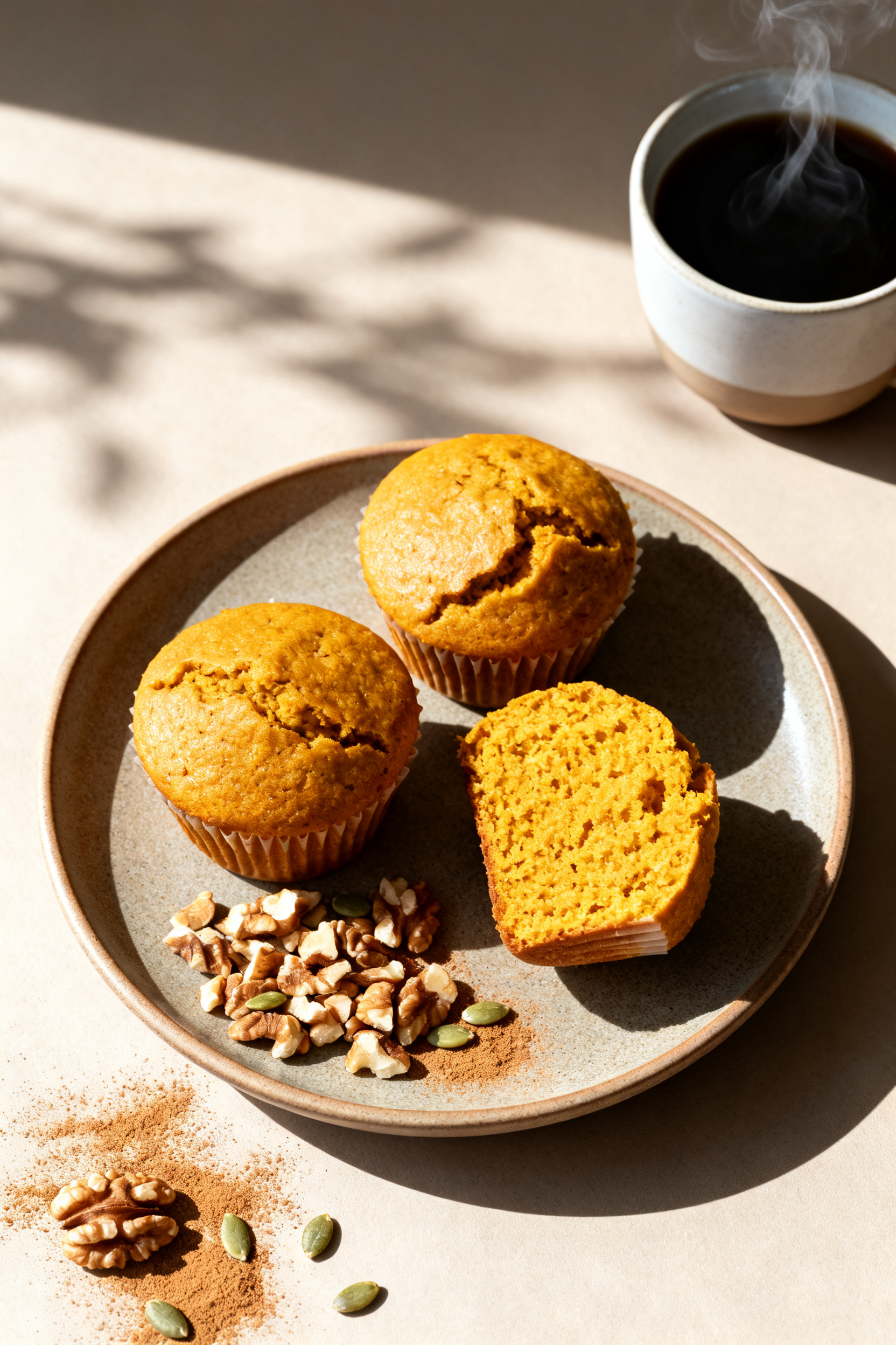 Final dish presentation: Restaurant-quality top view of a cozy fall breakfast scene—three sugar-fr