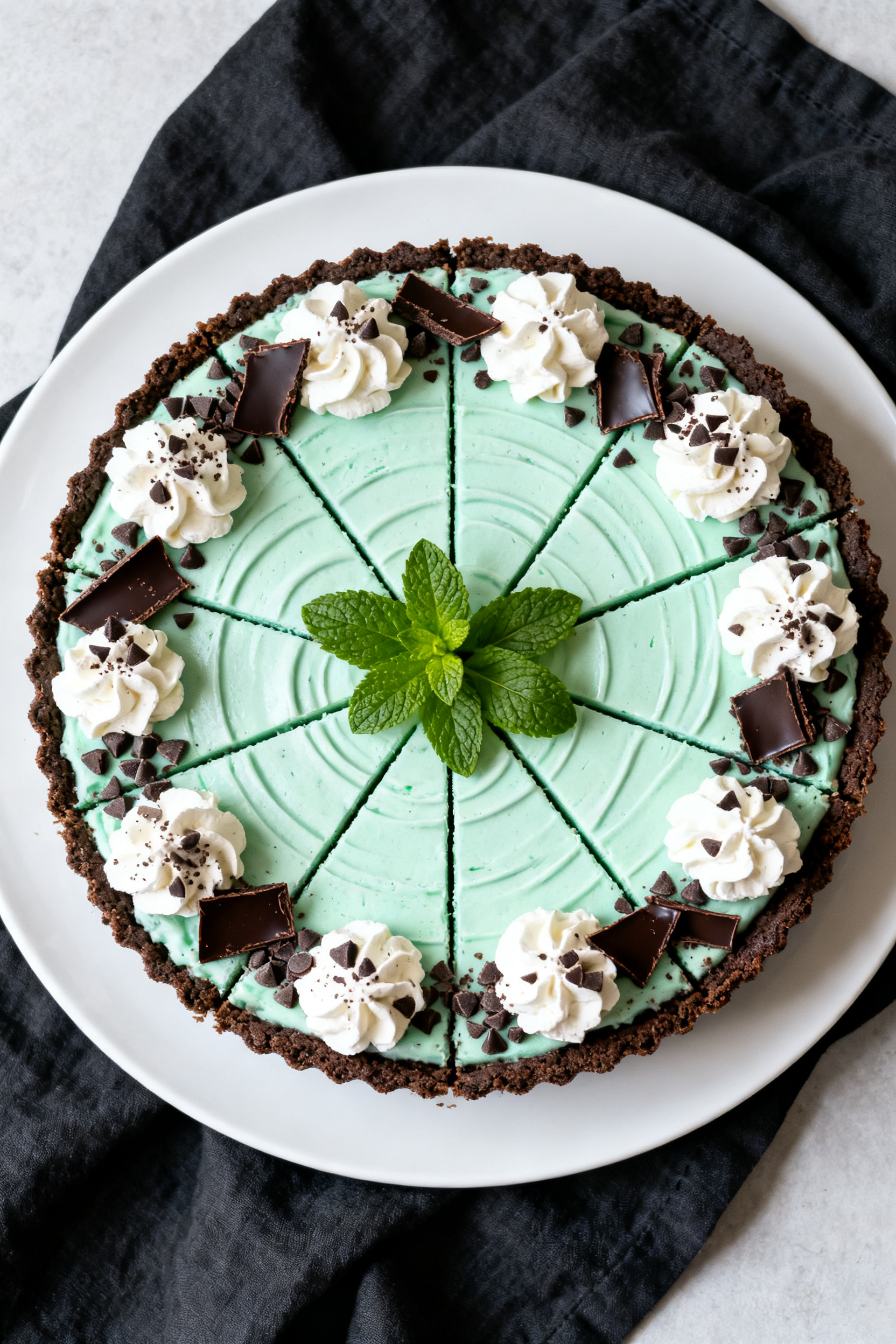 Final dish presentation: Tasty top view of the fully chilled Mint Chocolate Pie topped with swoops o
