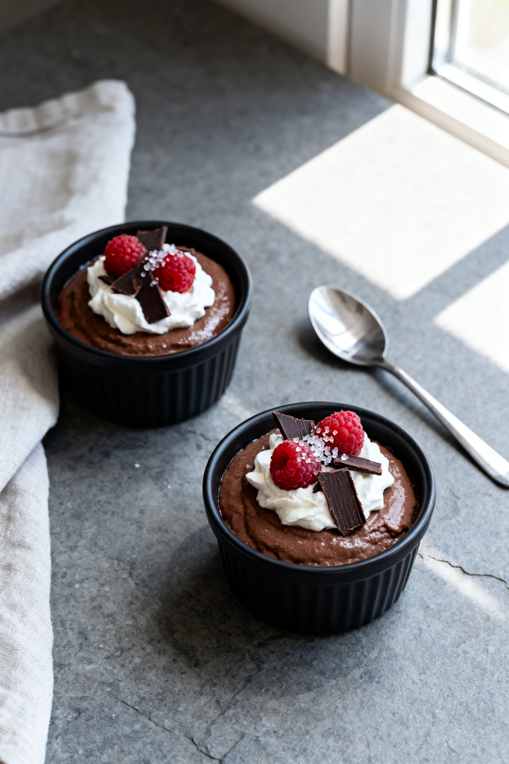 Final dish: Restaurant-quality presentation of chocolate avocado pudding spooned into small matte-bl