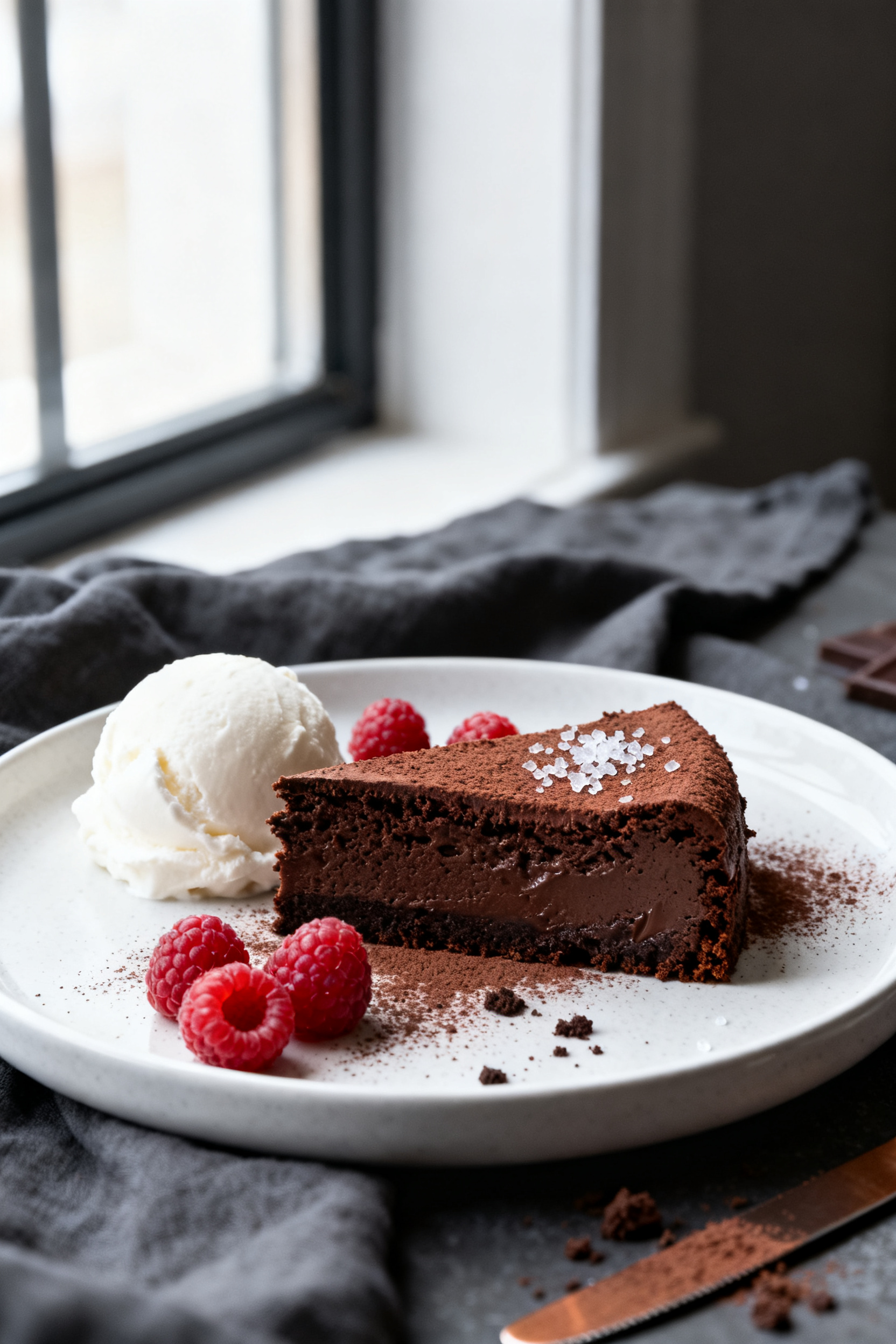 Final dish — Restaurant-quality slice of flourless chocolate cake on a matte white plate, dense fu