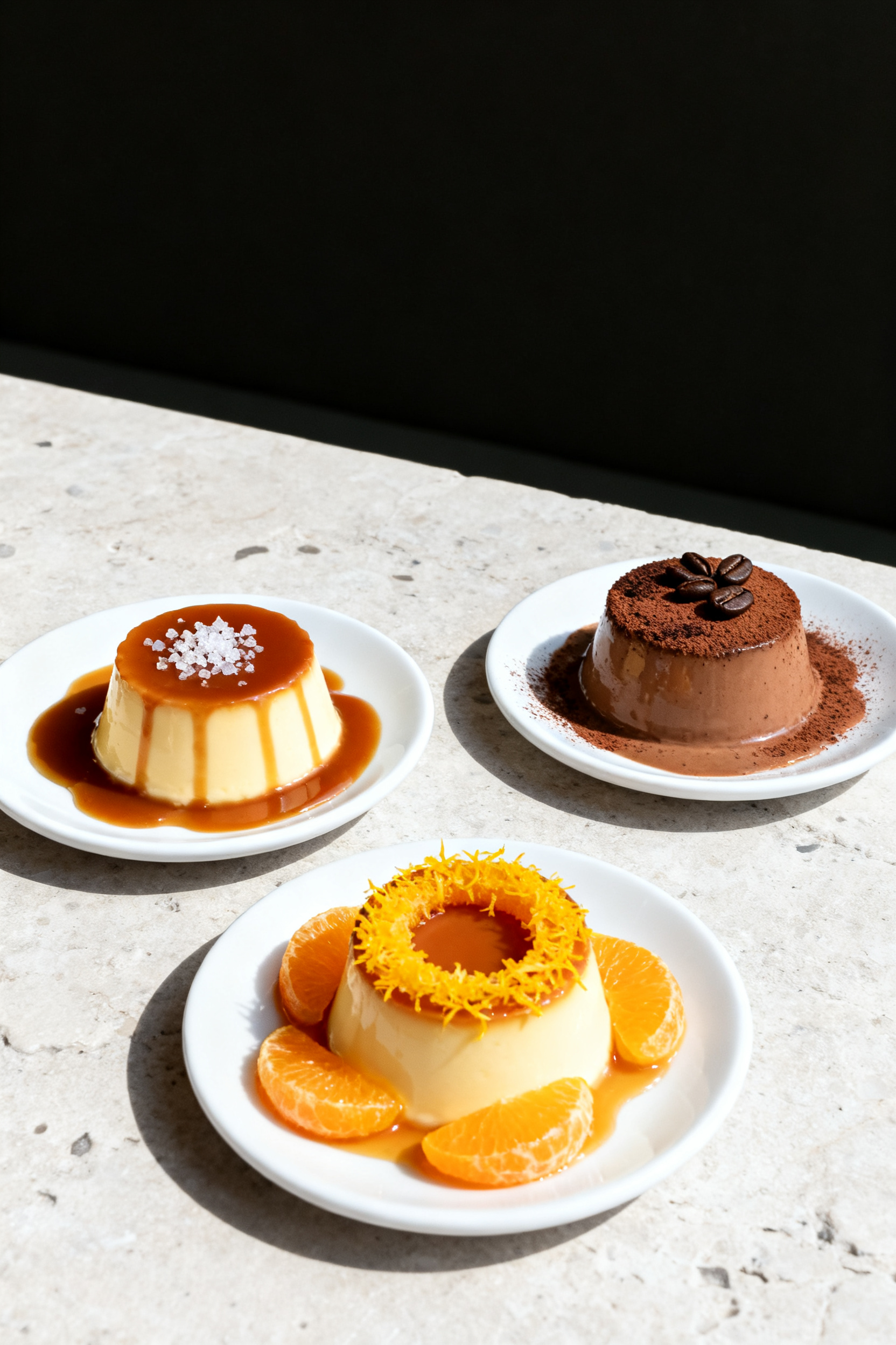 Final dish variation platter: Tasty top view of three plated protein flans showcasing flavor options