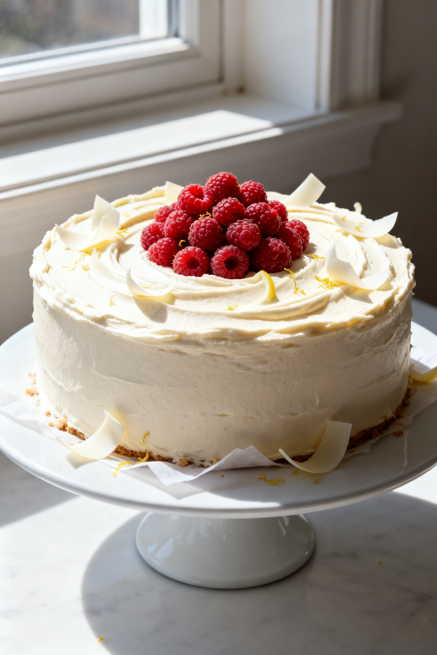 Final layer cake presentation: Bakery-style white chocolate raspberry layer cake fully frosted with 