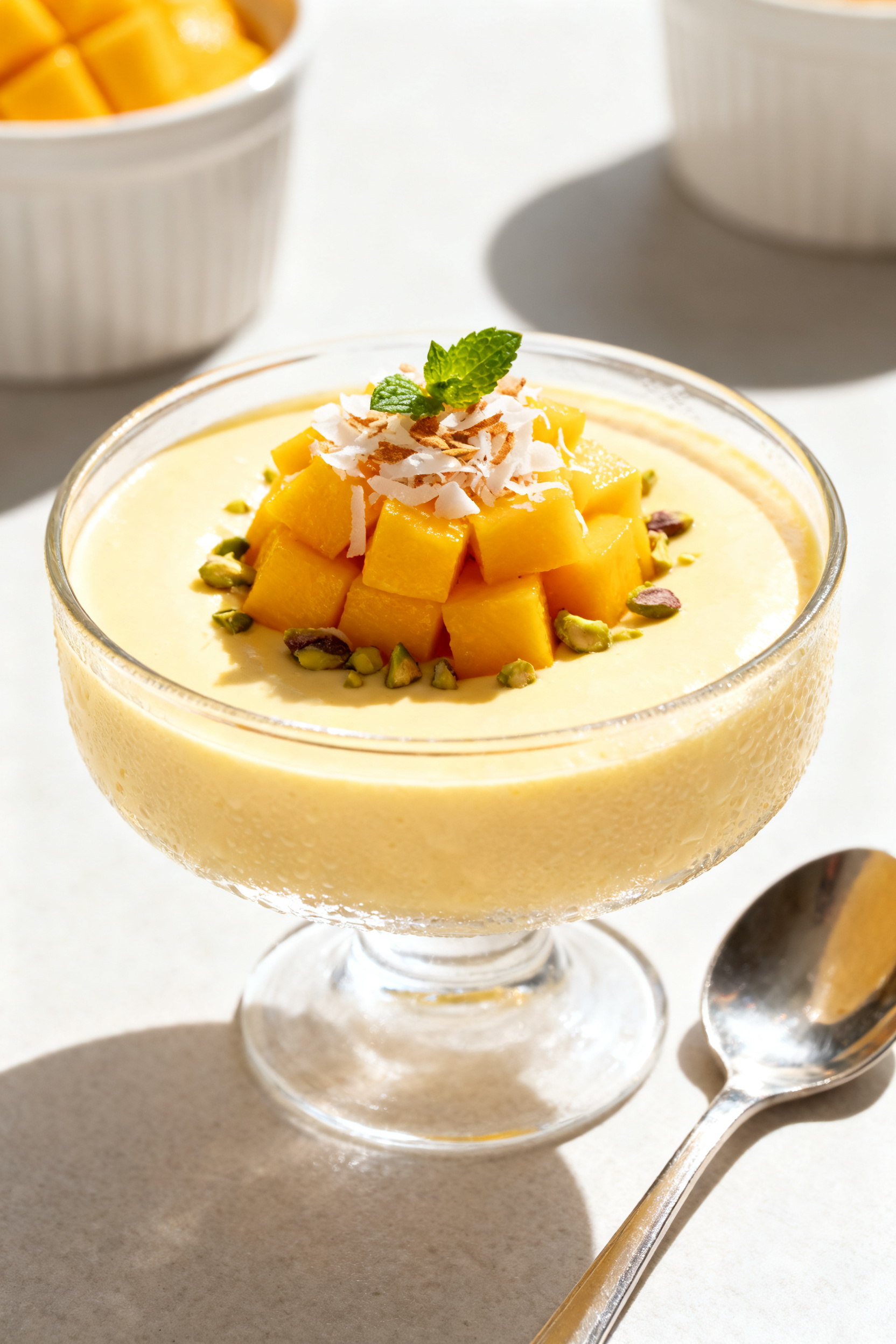 Final plated, close-up glamour: Single glass of sugar-free mango pudding, ultra-smooth, creamy surfa