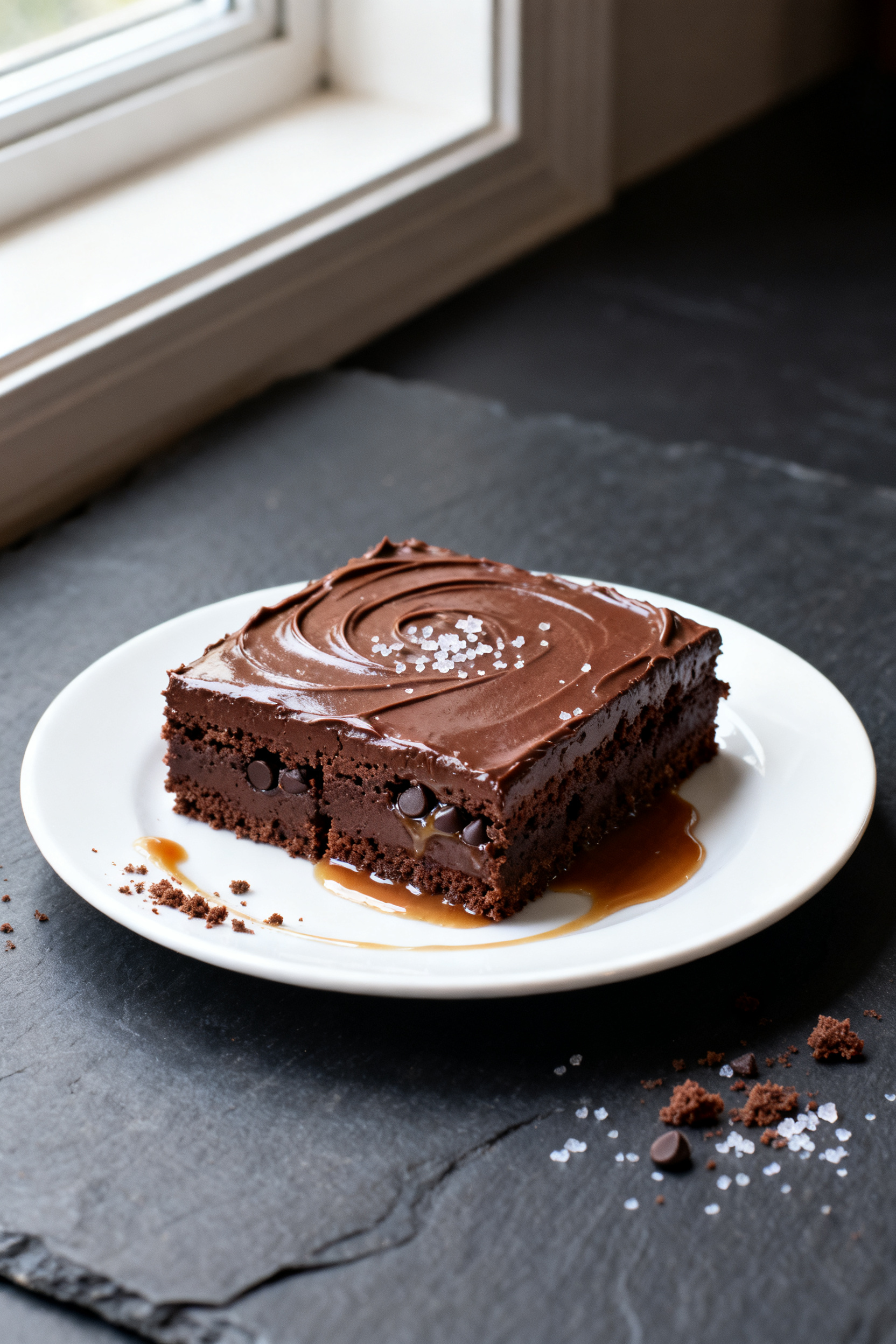 Final plated dessert: Single square of chocolate sheet cake on a white dessert plate, frosting thick