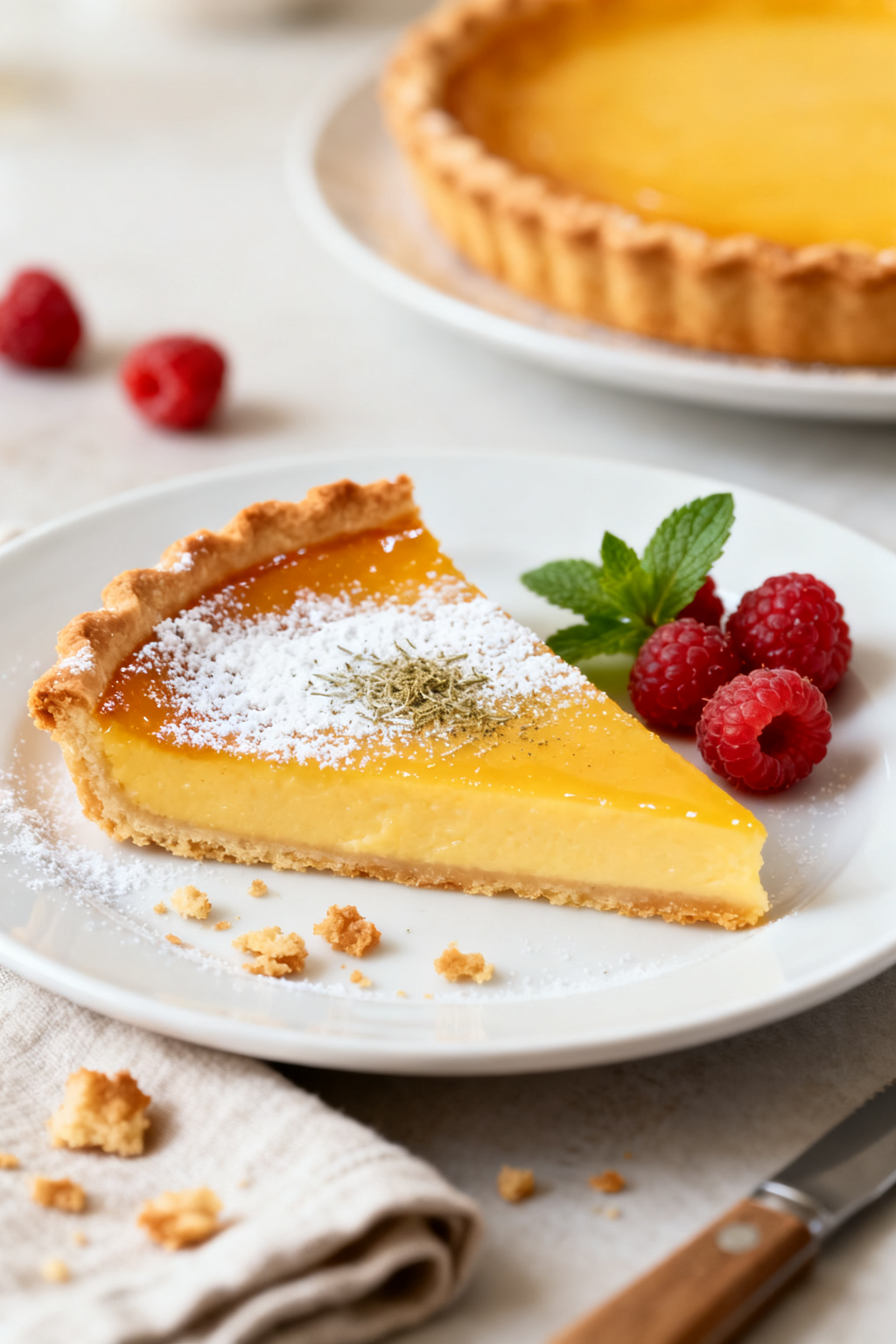 Final plated dish: Beautifully sliced air fryer custard tart on a simple white plate, ultra-clean we
