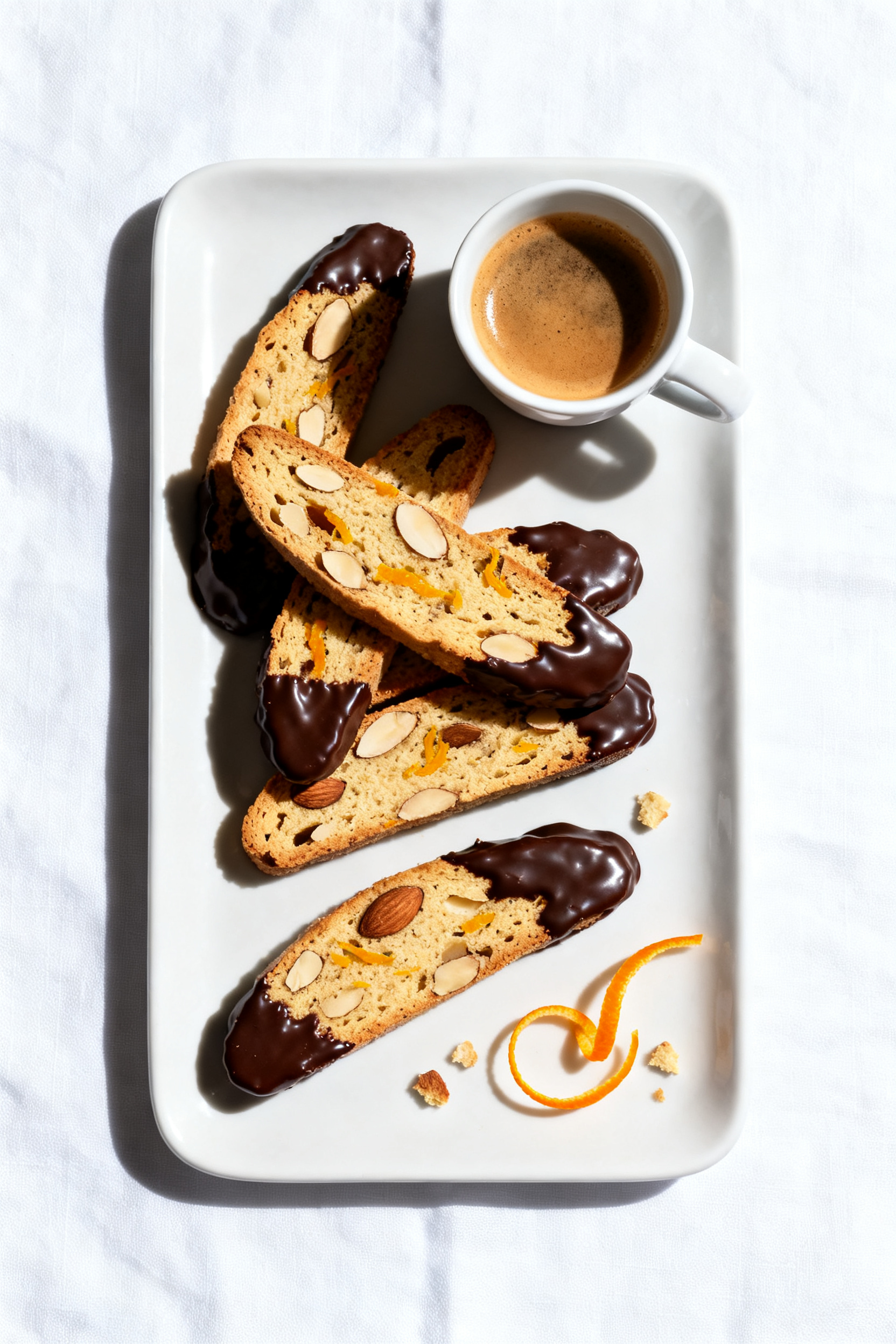 Final plated dish: Restaurant-quality presentation of classic almond biscotti with optional chocolat