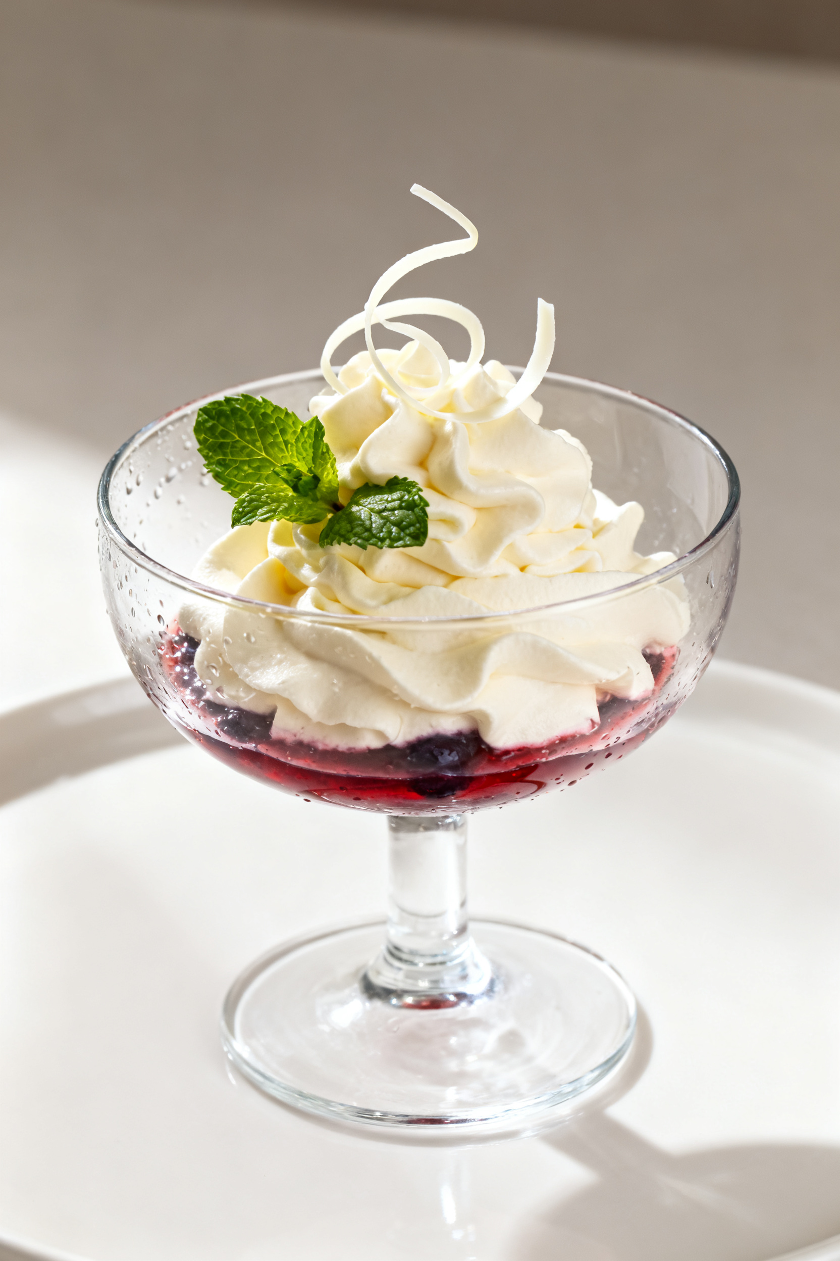 Final plated elegance: Close-up of a single serving of white chocolate mousse with silky, cloud-like
