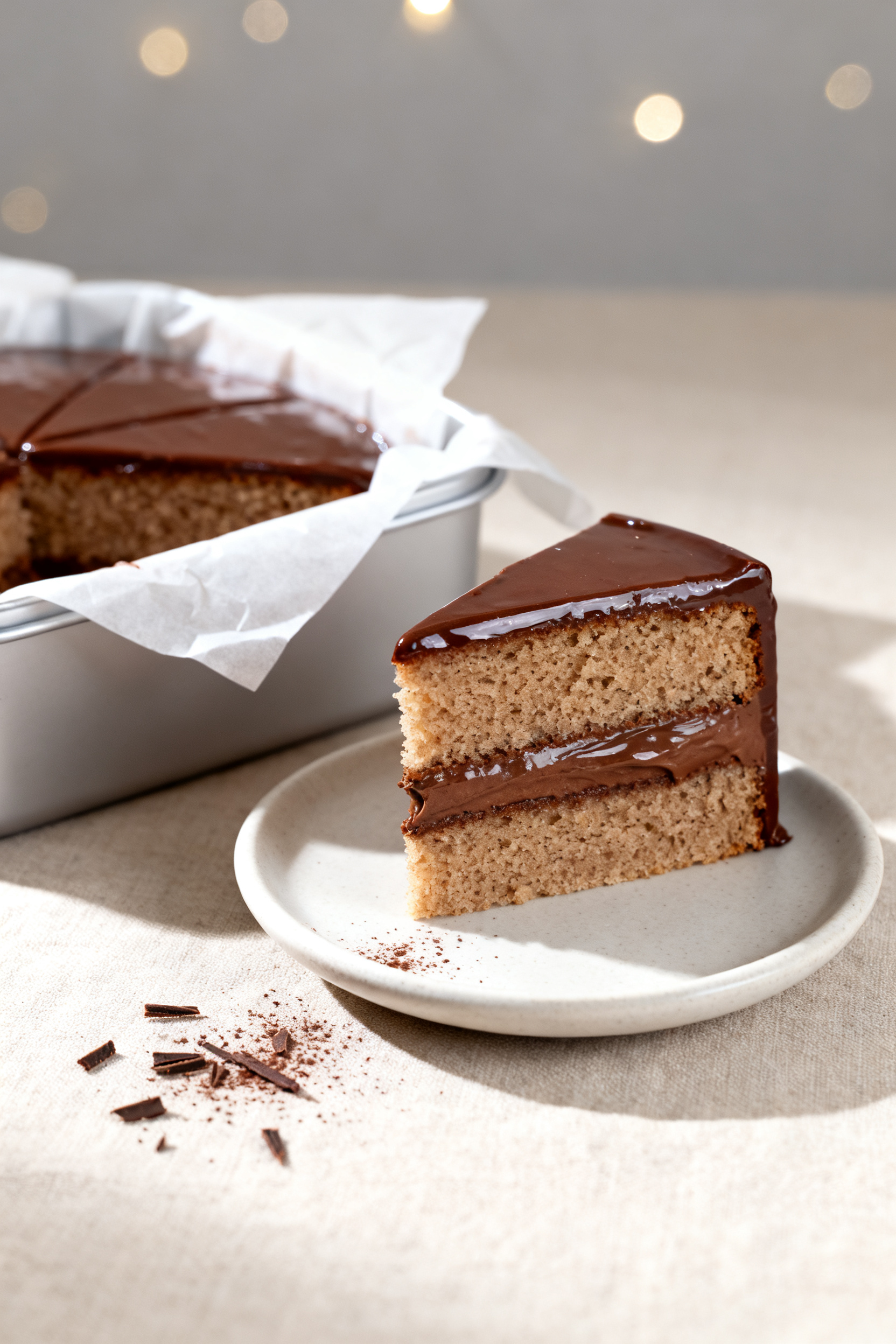 Final plated glamour shot: Slice-and-serve moment showing one clean slice lifted slightly from the m
