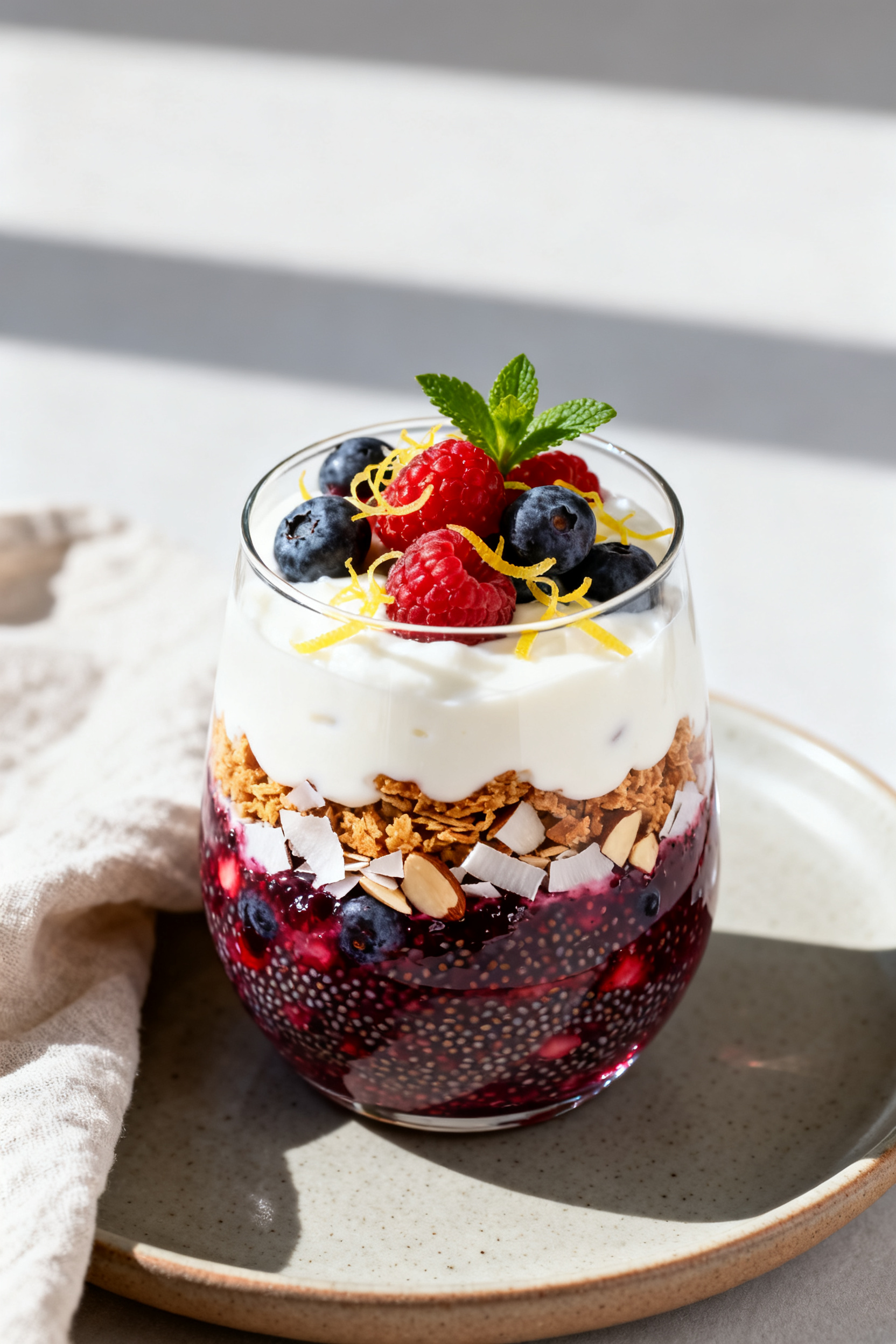 Final plated parfait – layered elegance: Beautifully assembled Sugar-Free Berry Parfait in a clear