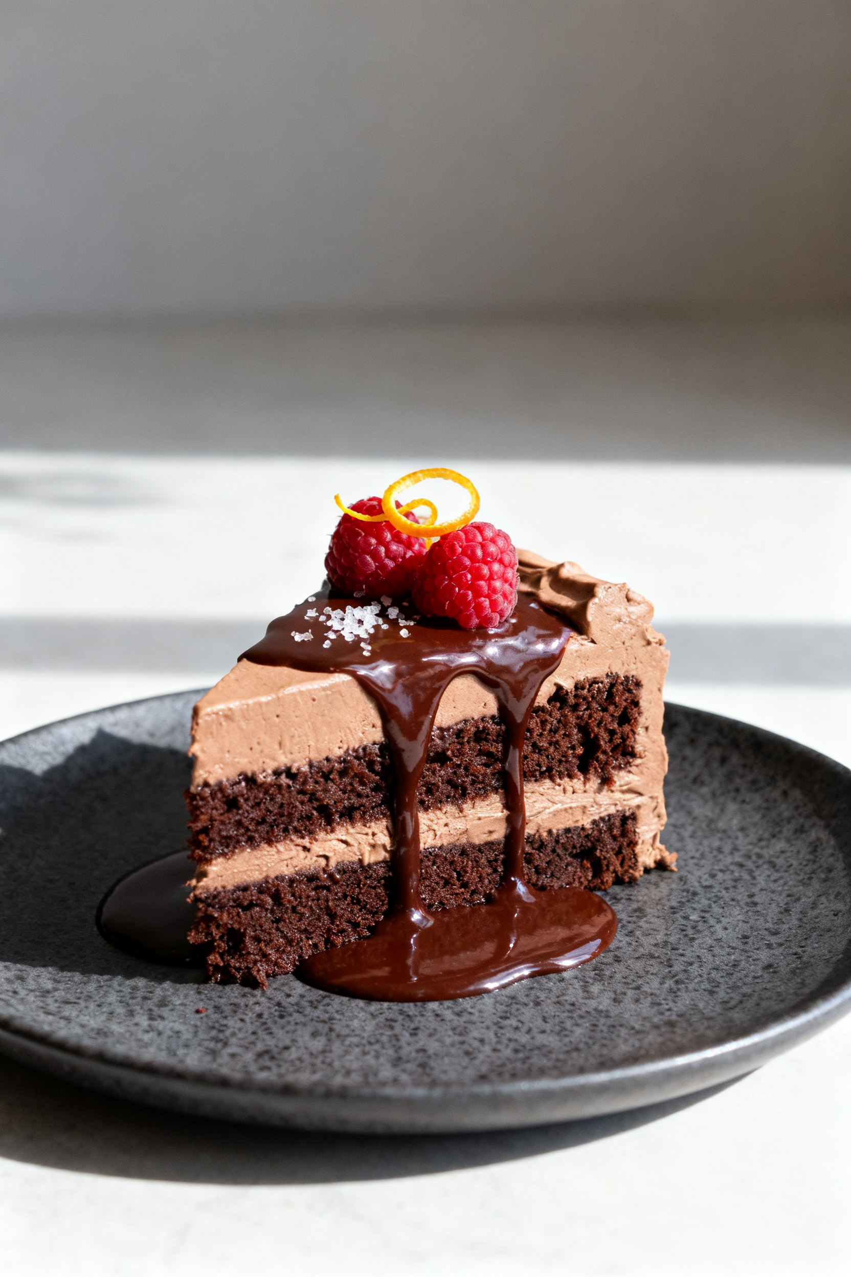 Final plated presentation: A single slice of gluten free chocolate cake on a matte charcoal dessert